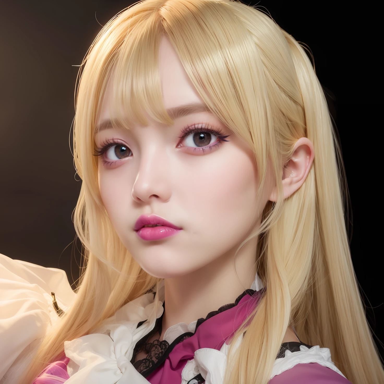 Agirl,Lily,long hair, yellow hair purple eye,eye shadow red,Curly eyelashes , pink lips, skin White , White shirt,realistic , ultra detail ,UHD 4k