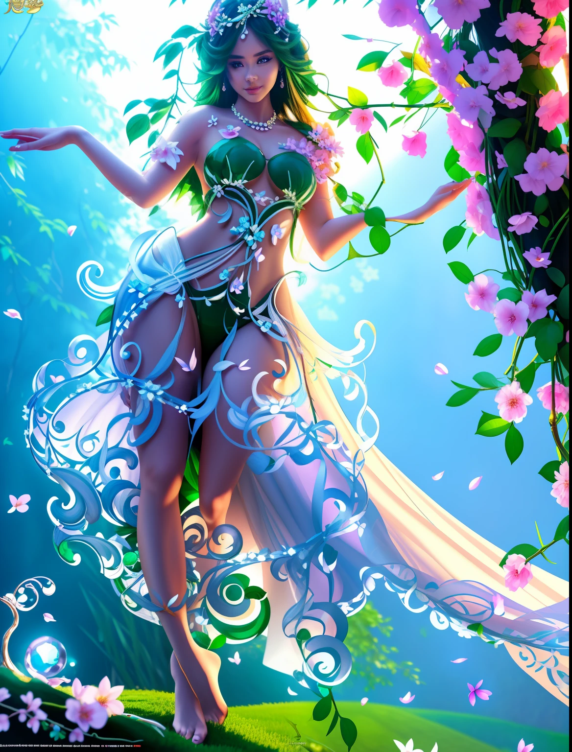 tmasterpiece，超A high resolution，a beautiful  woman，The perfect figure to fly in the sky，The facial features are delicate and beautiful，middlebreast，No clothes all over，（（There are a lot of flowers in the picture）），The body is wrapped around the body with gemstones and flower vines，many，Gemstones and jadeite are connected with green stems to decorate the body，（The body is surrounded by dense flower branches），Correct human posture，Correct anatomy，Magical world，Artistic effects，rich colours，The colors are natural，Extremely high imagination，Perfect artistic effect，Shadows are clear，ultra-realistic realism，Real Photographics，Ultra HD images，High quality detailing， Cinematic lighting，（（Contre-Jour））,absurderes, unbelievable Ridiculous, hugefilesize, ultra - detailed, A high resolution, The is very detailed，best qualtiy，tmasterpiece，illustratio，The is very detailed，CG，unified，8k 壁纸，Amazing Cleavage，finely detailled，tmasterpiece