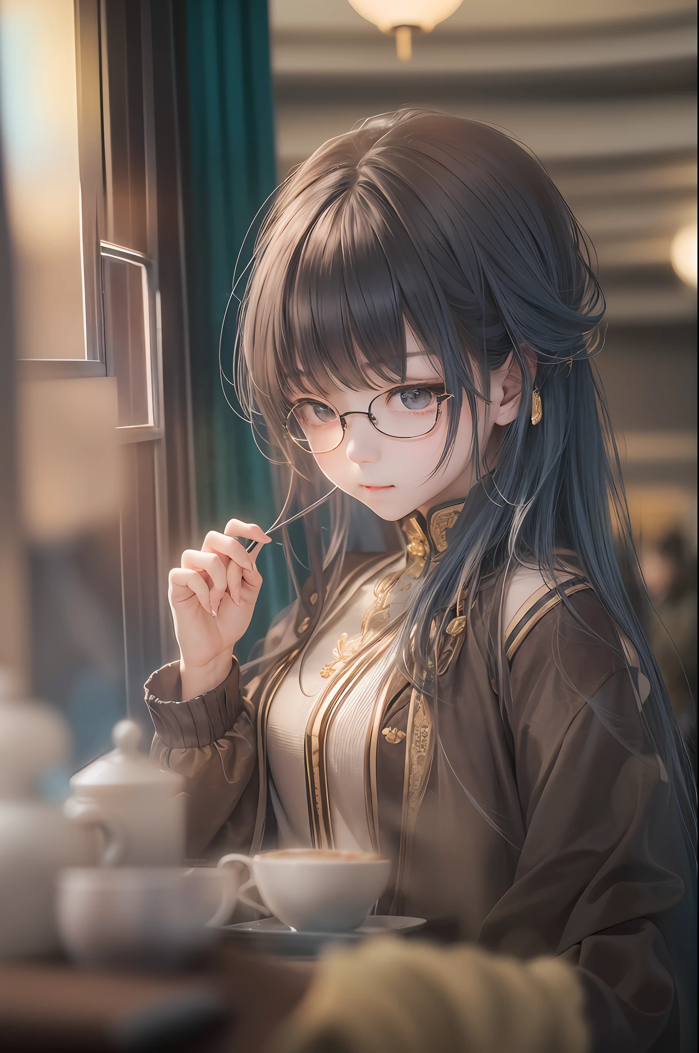 (8k, RAW photo, best quality, master:1.2), (realistic, photo-realistic:1.37), ultra detailed, 1 girl, cute, solo, beautiful detailed sky, detailed cafe, night, sitting, dating,(鼻子脸红),(微笑:1.1),(闭嘴),中等胸,美丽细致的眼睛,(领衬衫:1.1),领结,百褶裙,(短发:1.2),飘逸的头发