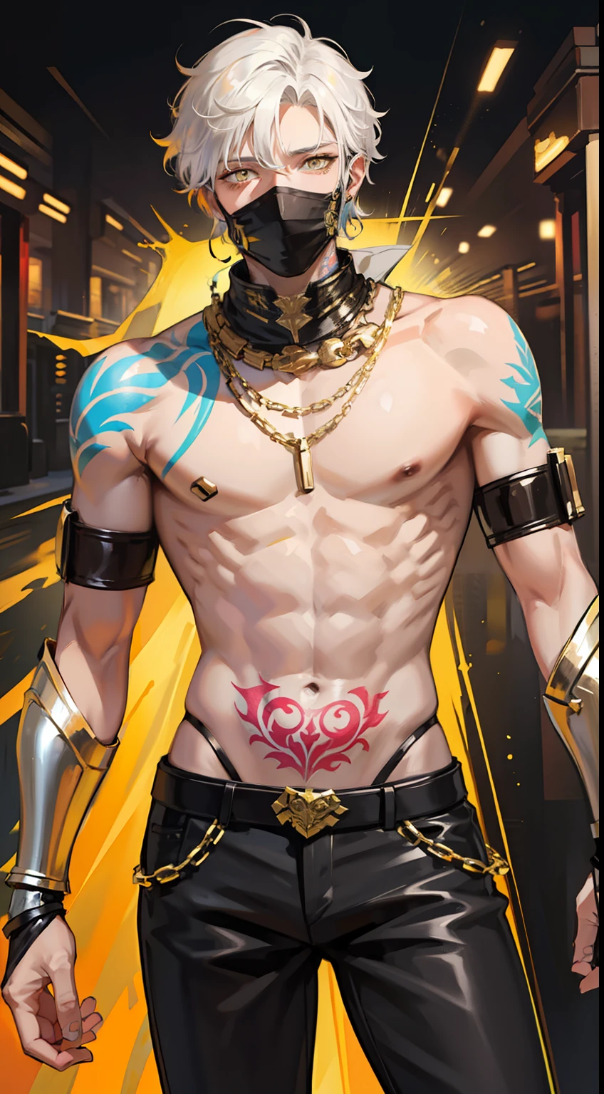 Tall guy, short white hair, Yellow eyes, Mask on the eyes, turquoise body armor, Sleeveless, Gold Chains, tattoos on arms, Black pants, ciberpunk, hiquality