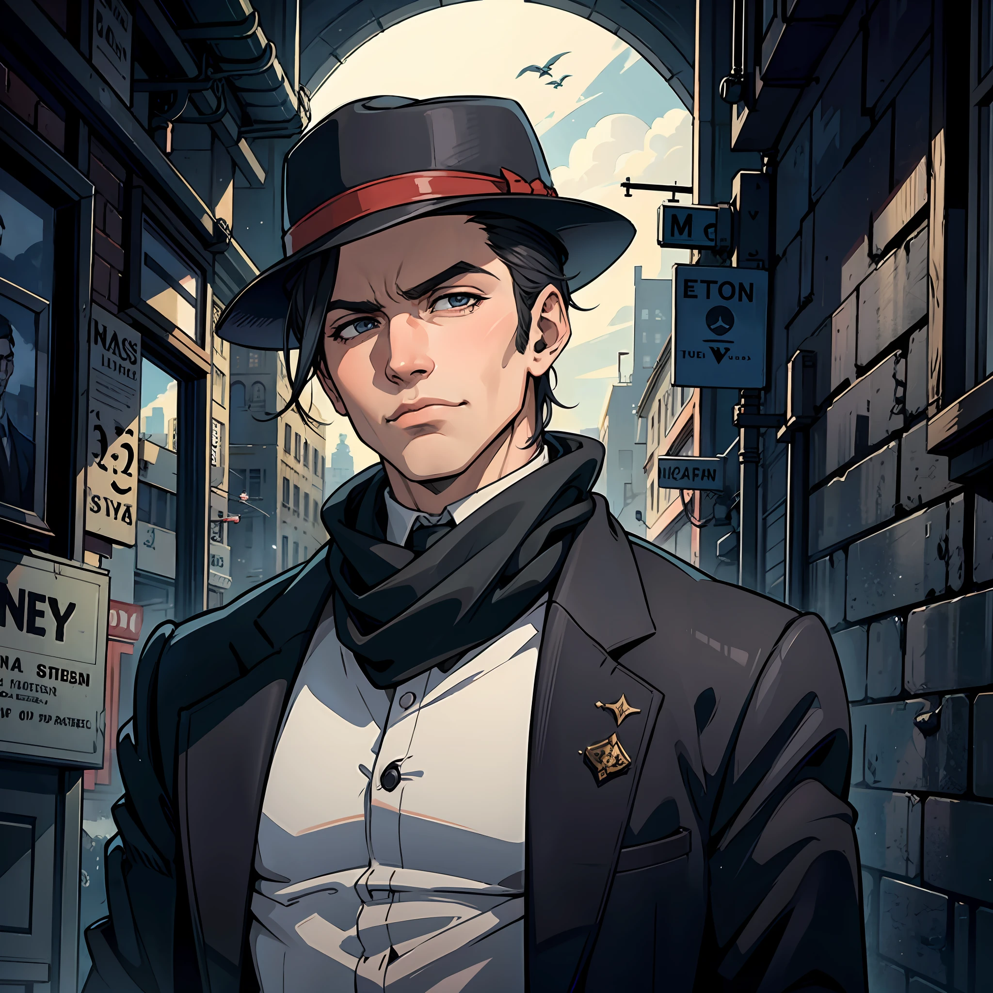 1boy, mafia theme, 1900, mafia man, scarf, solo, looking at viewer, Upper body, sky,  Best quality, upper  brush  scheme, dreamy, mystic