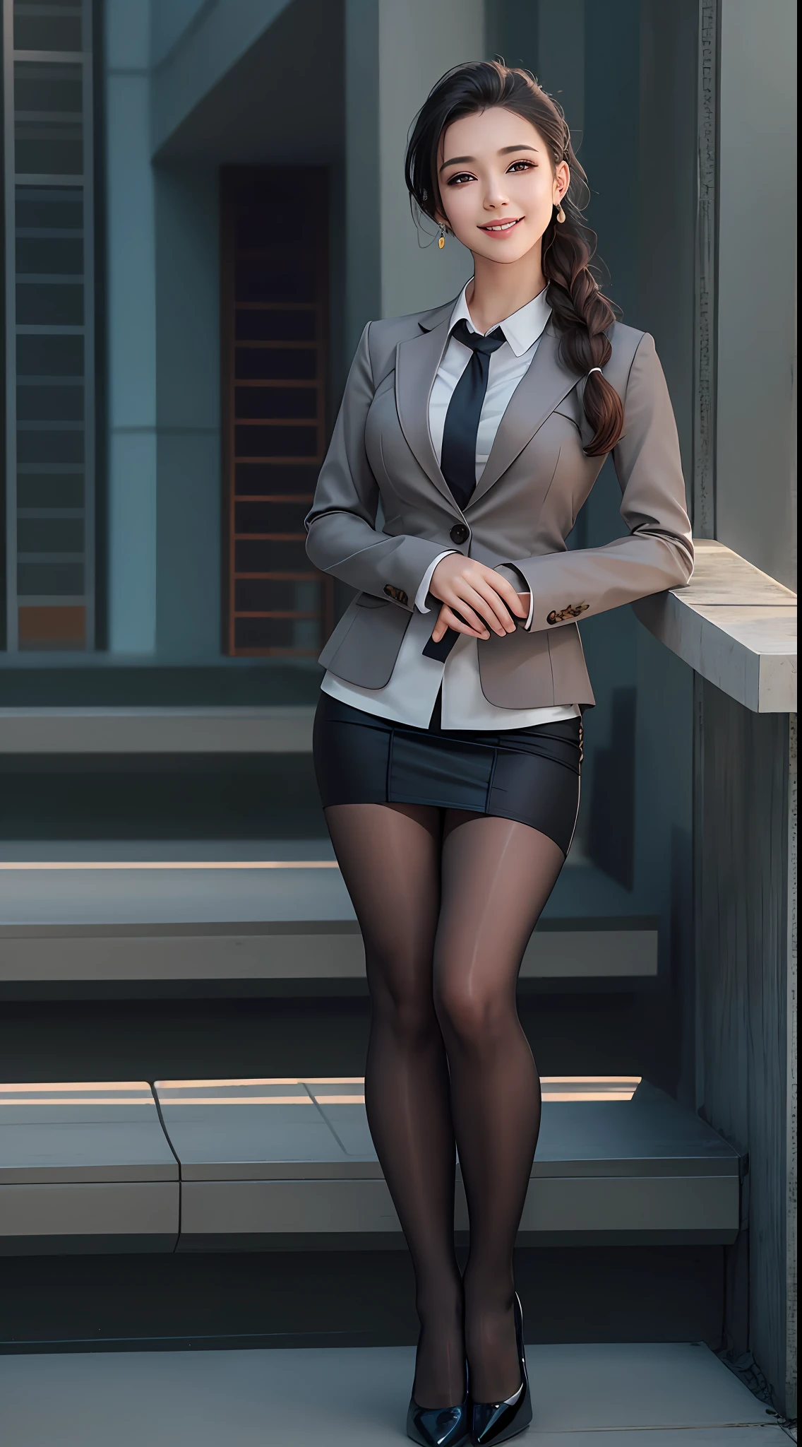 (8K, Best quality, Masterpiece:1.2),
(Realistic, photo-realistic:1.37),
Ultra-detailed,

1 girl, full bodyesbian, Outdoors, (Adjust hair:1.5)
Office Lady, black officeblazer, officeskirt, (Pantyhose:1.2), (short buttoneddownshirt:1.2), buttonedupcollarprim, buttoneddowncollarprim, Bra, (Pantyhose:1.2), alphalayers, high-heels, 

Beautiful earrings, 
Cute,
Solo,
Beautiful detailed sky,
(Smile:1.15),
(Closed mouth),
Small breasts,
Beautiful detailed eyes,
Business attire,
(Short hair:1.2),
Floating hair NovaFrogStyle,