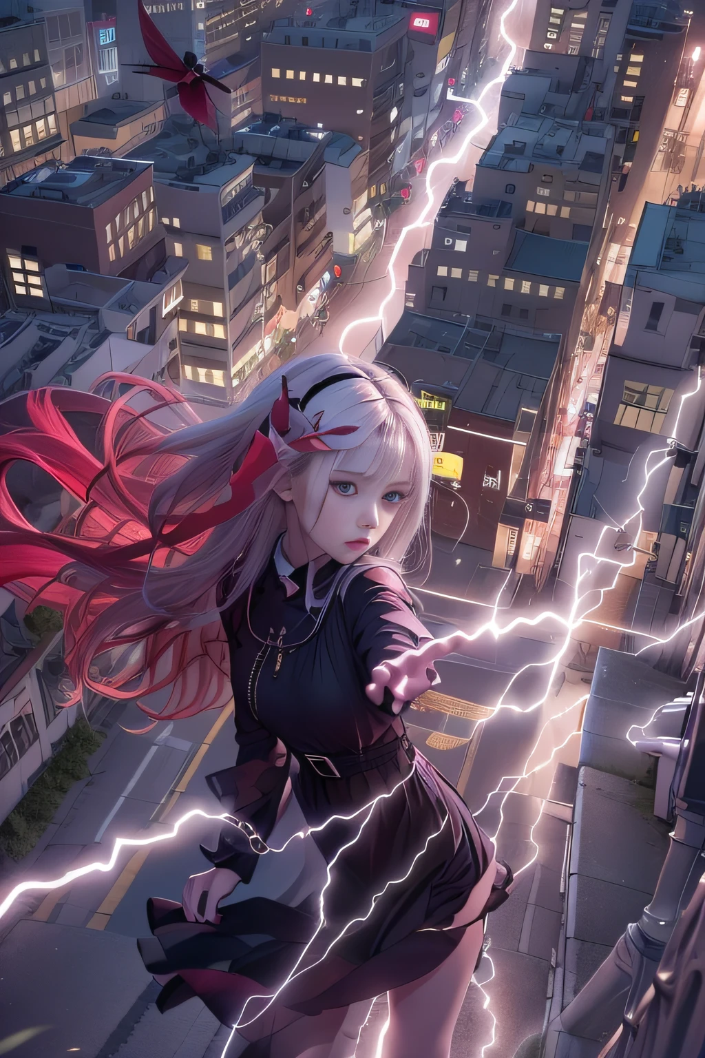 Black Gothroli Alafe Girl Flying Through a Storm,Gothroly albino girl floating in the city with one hand,Woman in black dress with red and black hair, goddess of lightning, Storm,She's attracting lightning, Gal Gadot as Lord of Hell, Gothic Maiden girl, girl in black dress, 1 7 girl,Old Goth girl, an elegant gothic princess, artwork in the style of guweiz, in the art style of bowater, dreamy gothic girl, 8k high quality detailed art, gothic art style, wearing a gothic dress,closing,Wearing underwear,Red Eyes,Looking down,white hair,Wind,Head tilt,White hair, Silver hair, Long hair, Blunt bangs, Straight hair, Big hair, expressive hair, (Red eyes that glow intensely:1.8), Downward eyes, (Red Eyes:1.5),small tits,Thin leg,Crazy, Disappointed,wide Shots,wide angles,sideshot,3 views,,(Close up portrait of a person in a black dress flies over the city:1.7),People fleeing the busy streets of a city lined with shops々々, busy street, Street crowded with people, photograph of the city street, japanese downtown, Traditional Cities of Japan, Busy streets,busy cityscape, bustling city, Crowded with people, Bustling streets in the moon, crowdedstreets, shutterstock, Bustling small town streets,bad weather、A purple lightning bolt comes out of the girl's hand and hits the city, Lightning clouds, Atmospheric lightning, Pink lightning, With thunderstorms, Dark storm with lightning, Dramatic purple lightning, Lightning in the sky, Contrast Lightning, thunderstorm in the sky, Lightning in the background, With lightning, Stormy weather with lightning, Upper volumetriclightning,Effect of wearing purple aura,(Control lightning with open arms:1.4),Destroy the city with a girl's lightning attack,Called nose,Lightning effect on both hands,Purple glowing balls around a girl,
