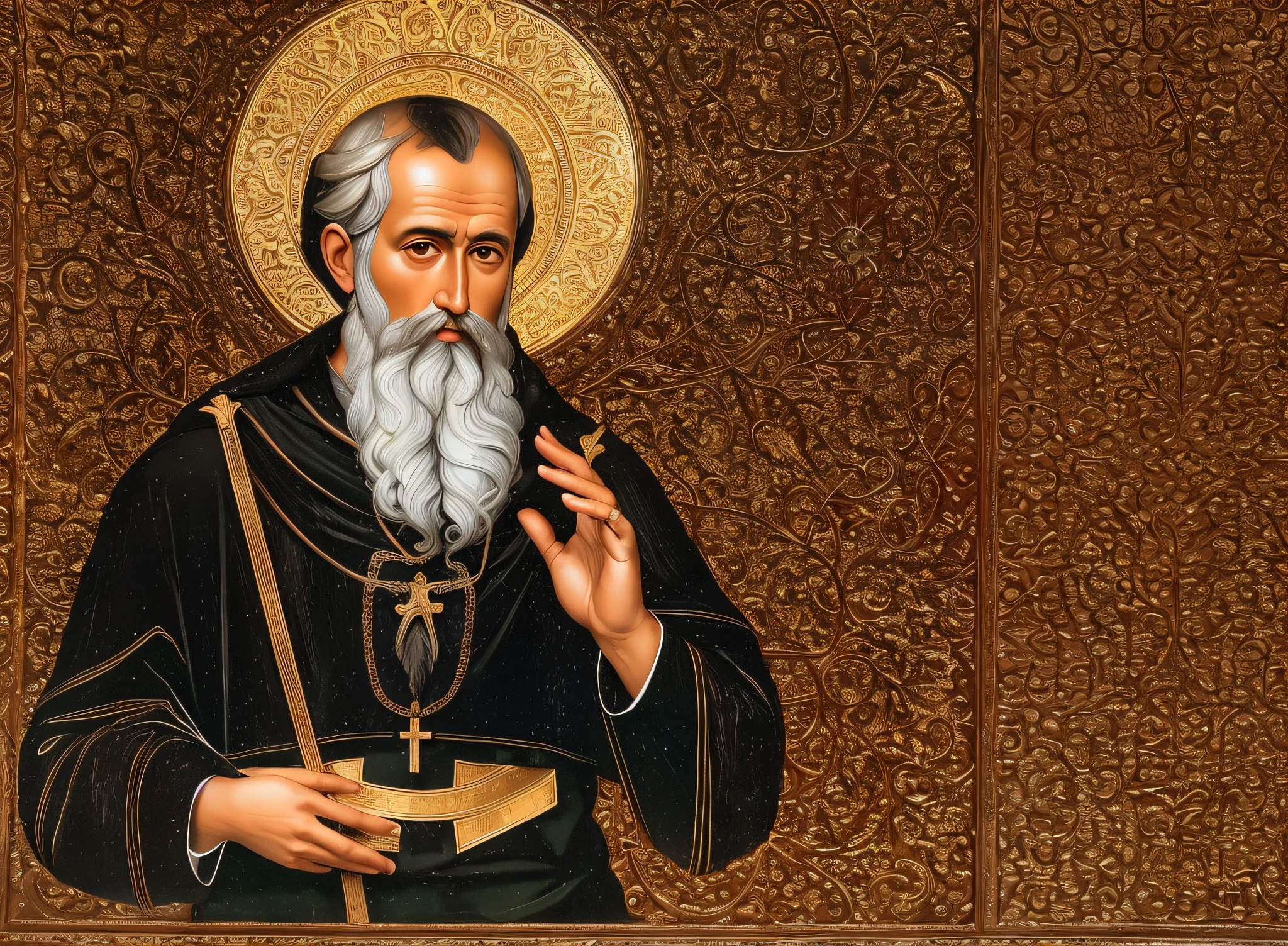 imagem arrapada de um homem com barba e barba branca segurando um copo, Santo ortodoxo, christian saint, inspired by Nicomachus of Thebes, santo, Santo de ouro bonito, theophanes, santo, portrait of saint of the pit, ortodoxia, by Nicomachus of Thebes, christian saint rosace, orthodox icon