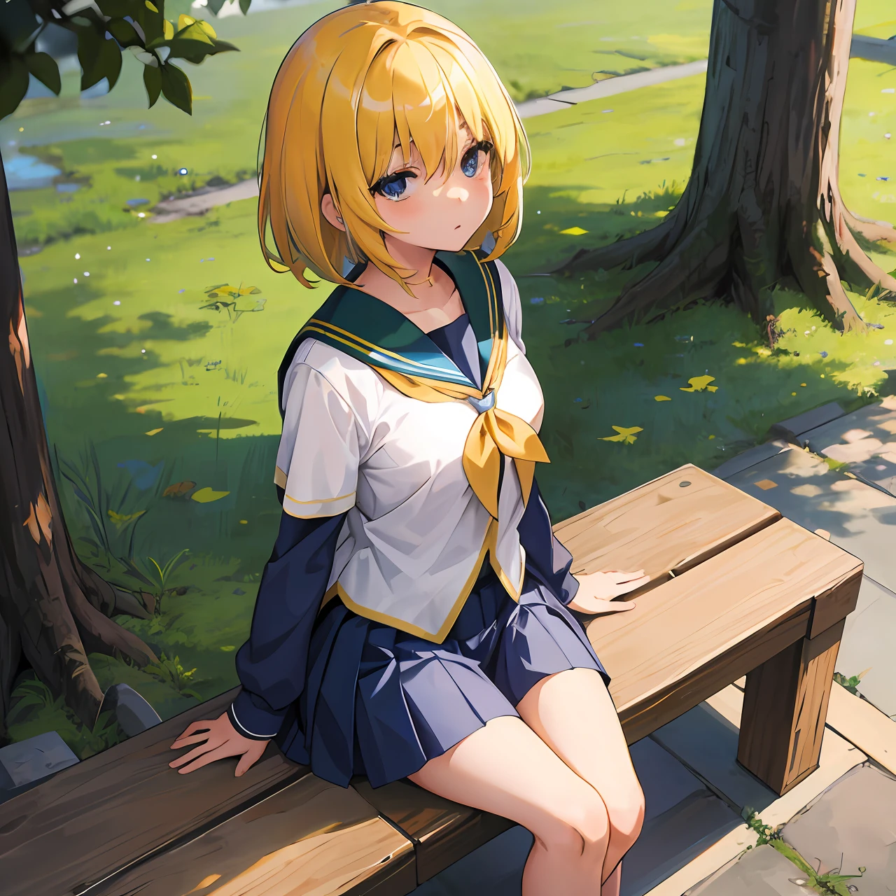 jksatoko,yellow hair,1 girl,solo,best quality, sailor school uniform,blue pleated skirt,middle breasts,looking up the viewer, outside,forest,yandere,sitting down