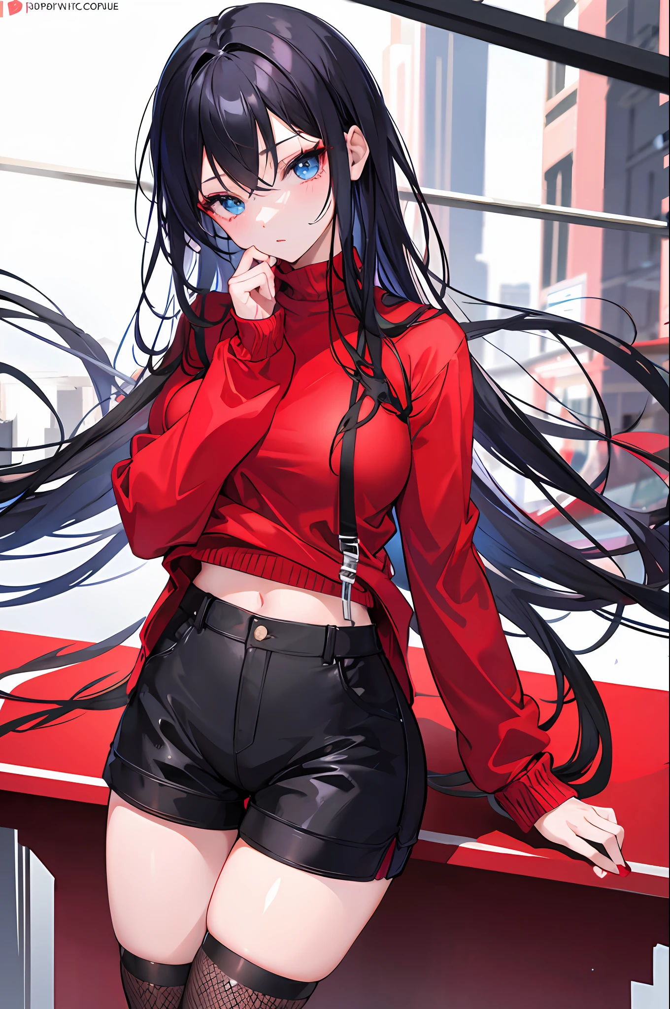 1girl,Red sweater,Shorts, mesh stockings, Black hair, blue eyes.