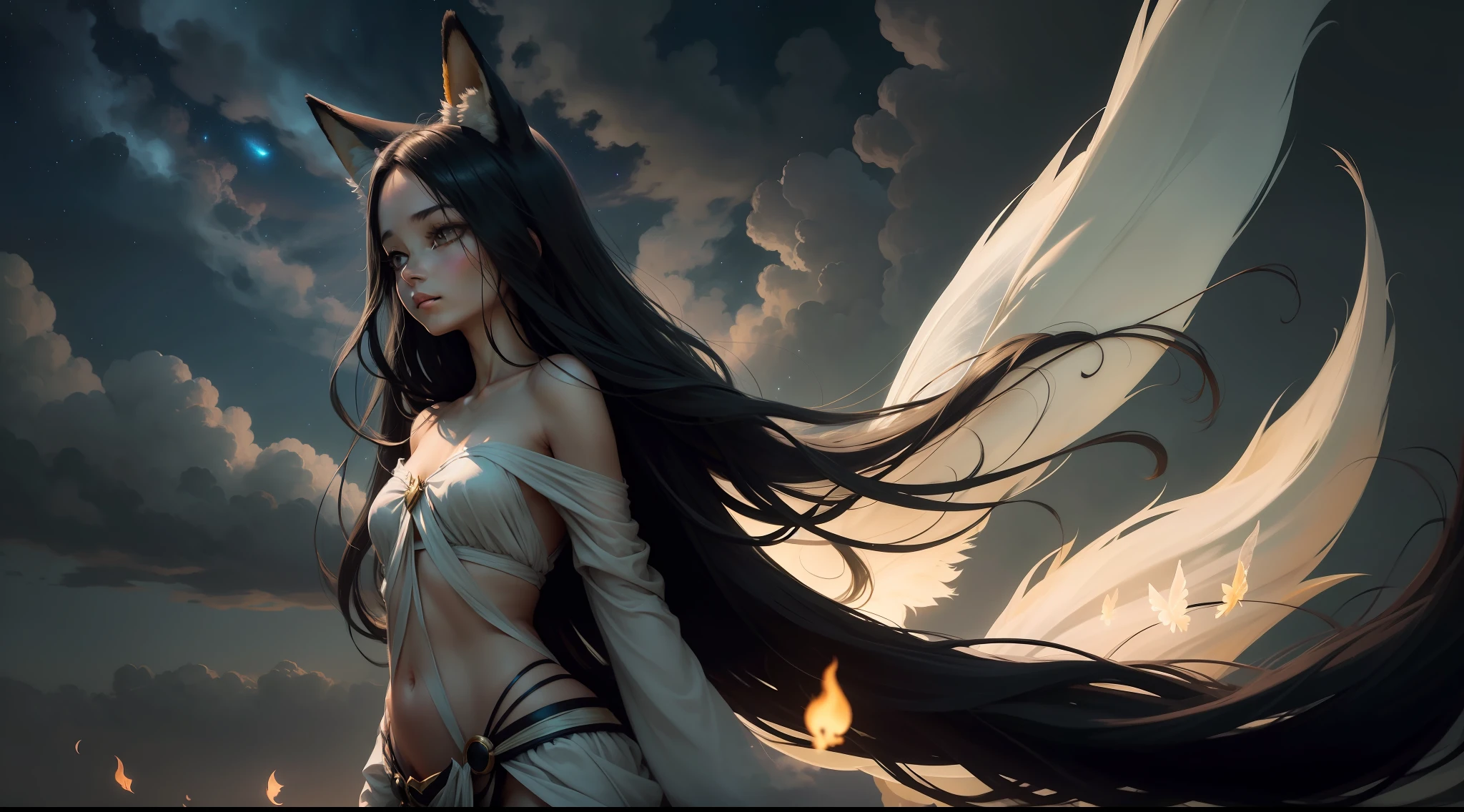 A fairy flies in the night sky，It has fox ears and a fox's tail，The tail flutters in the wind，Clouds wrapped around her body，Long black hair flutters in the wind，Supple and fair skin，Delicate face，The picture is gloomy，Look up at the perspective