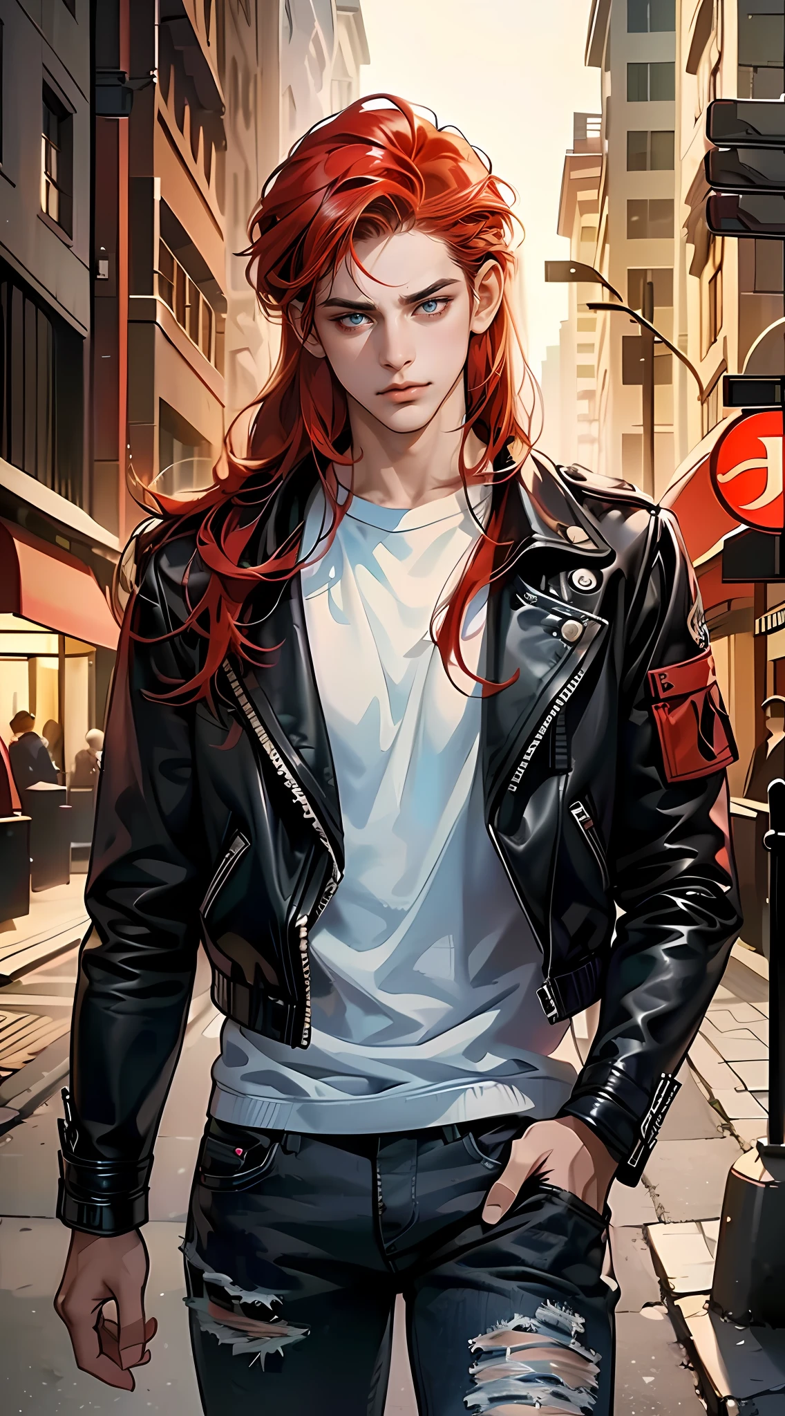 (tmasterpiece, high resolution, ultra - detailed:1.0), (1 boy, Young male, Masculine face), Perfect male body, Tall and strong, Adult male, Delicate eyes and delicate face, Extremely detailed CG, Unity 8k wallpaper, Complicated details, Detailed face, (Red hair, Long messy hair, eye looking to camera, Serious face, scowling, Black leather jacket, ripped jeans), (Street style:1.2), Outdoor, (Street at night), color difference, Depth of field, dramatic shadow, Ray tracing, Best quality, Cinematic lighting, offcial art,Portrait