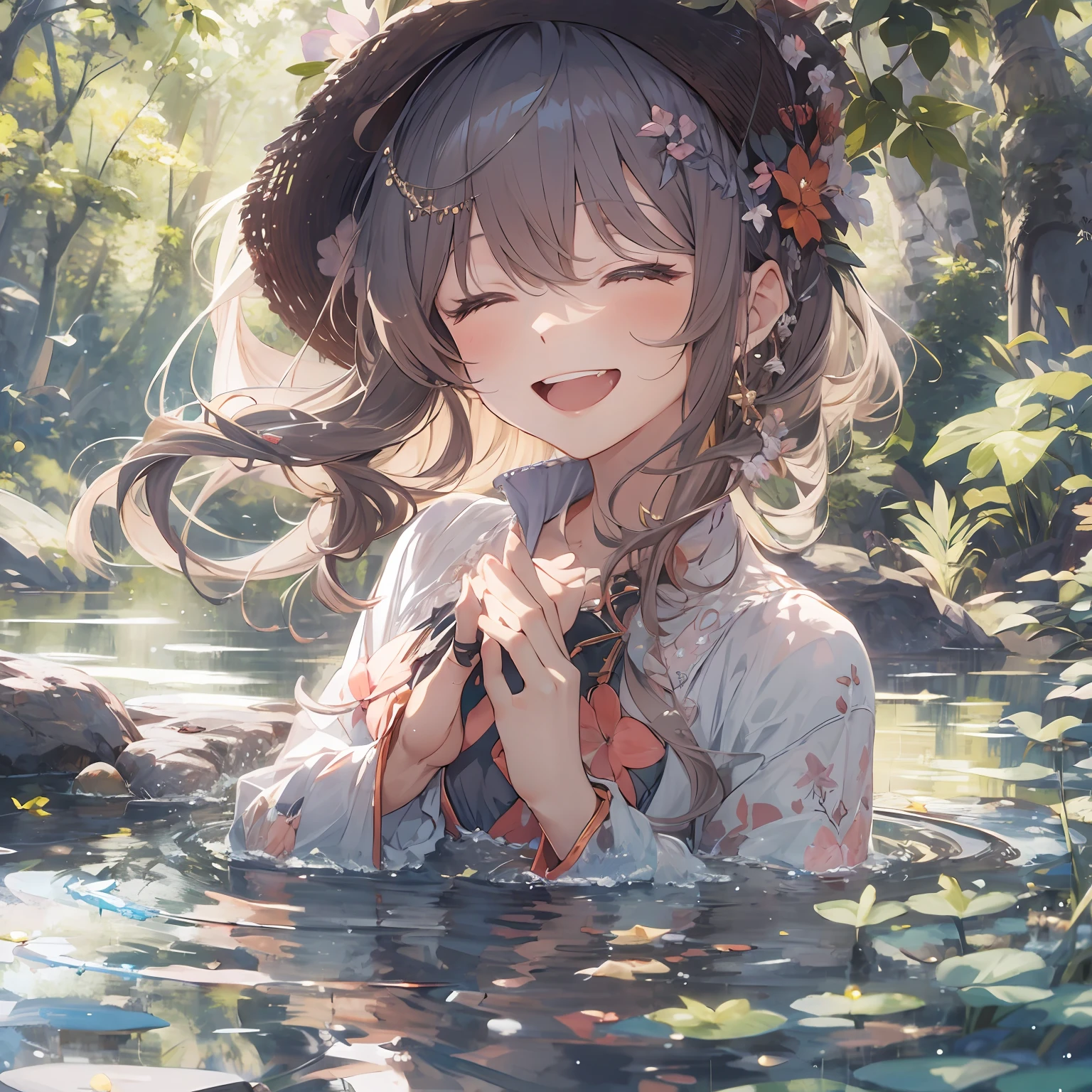 Outrageous resolution、hight resolution、(masterpiece:1.4)、ultra-detailliert、1girl in、Prayer Pose、pray、a tranquil lake、the woods、delighted expression、kindly smile、Face up、magia、suki、serene、Floating hair、spaces、The bikini、floating、 --v 6