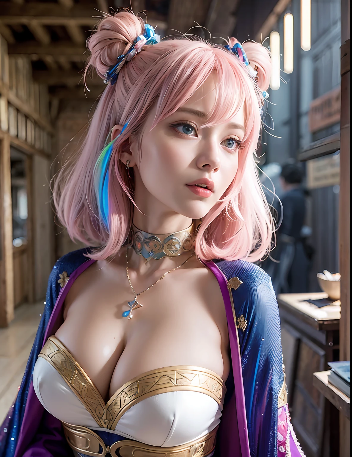 [NSFW], ((masterpiece:1.2)), ((best quality:1.2)), 4k, HDR, (realistic), (hyperdetailed), photorealism, (magical fantasy isekai), (cheerful guild master), bright iridescent pink hair, ((inside fantasy adventurer's guild)), behind guild counter, luminescent magical runes, cinematic, (cleavage), caring, sweet, (rustic)