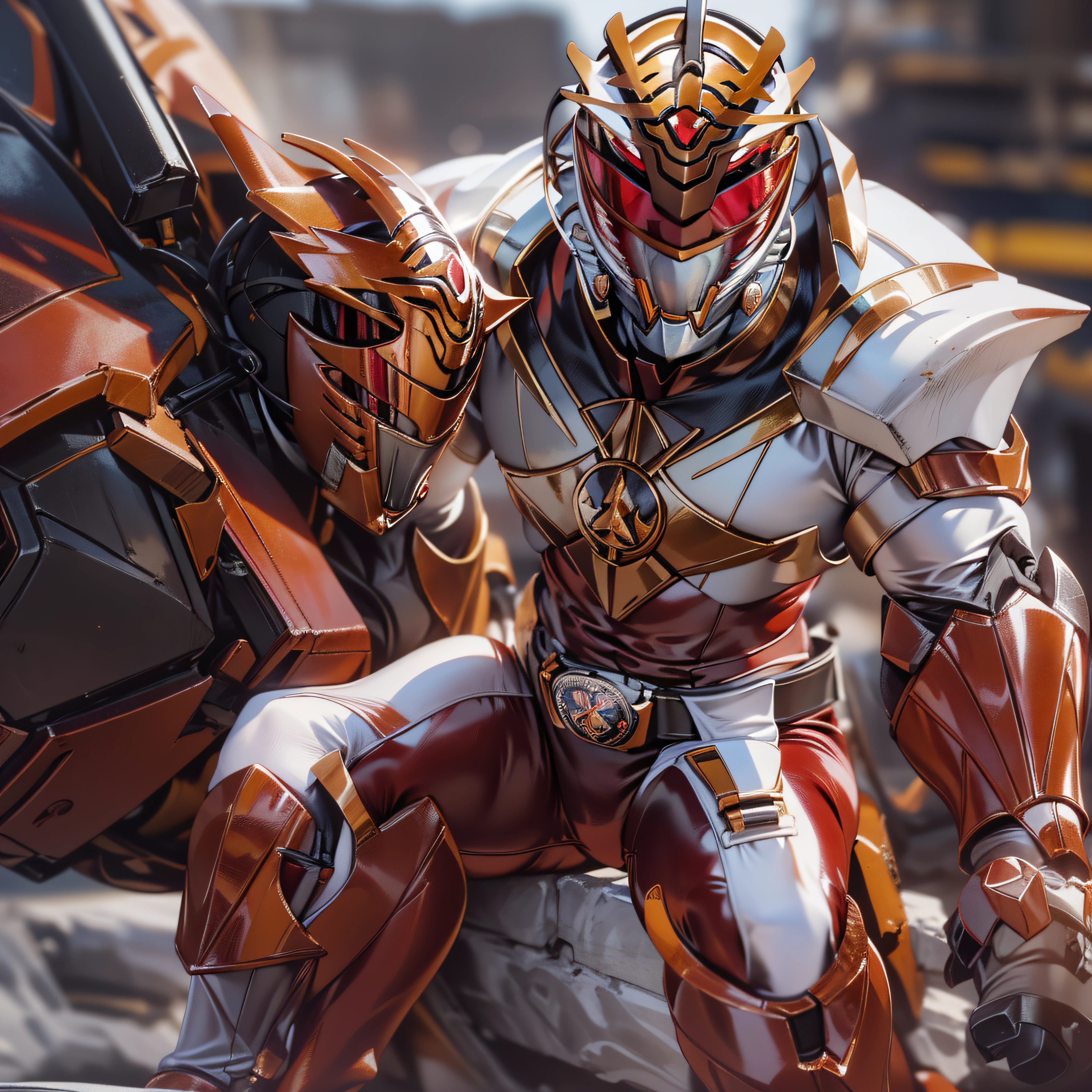 masterpiece,best quality, masterpiece, high detail,detailed face,detailed eyes,rendered eyes,perfect eyes,hip lines,ambient occlusion,crisp image,detailed,amazing,8k,8k wallpaper,8k background,high detailed skin,high res, ((cowboy shot)), (running), megazord, mecha, (sitting in megazord cockpit)
((solo)), (Red Ranger), (((Red armor, red helmet, red bodysuit, white belt, black eyes, white gloves))), mask, (((white boots))), gold armor, white gloves, red bodysuit, vambraces, photo-realistic, ultra-realistic, unreal engine,