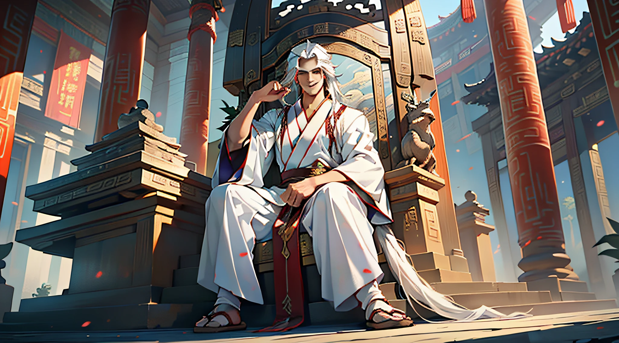 6, (1 person) (Boy, ((White Hanfu youth)), (((Long white hair))), King of the Air, Gorgeous, Handsome, Outstanding temperament, sitting on the sacred throne, Smiled) (Background: Inside the sacred and magnificent ancient Chinese imperial palace).
