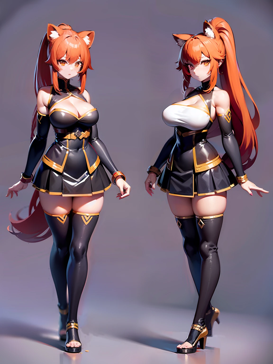 Anthropomorphism of red pandas，Red panda elements，girl stand up full body，Girl double ponytail，Assassin element，Lori huge breasts cleavage，the shy，Normal clothes，Not exposed，Small skirt，Three View，Three View，Three View