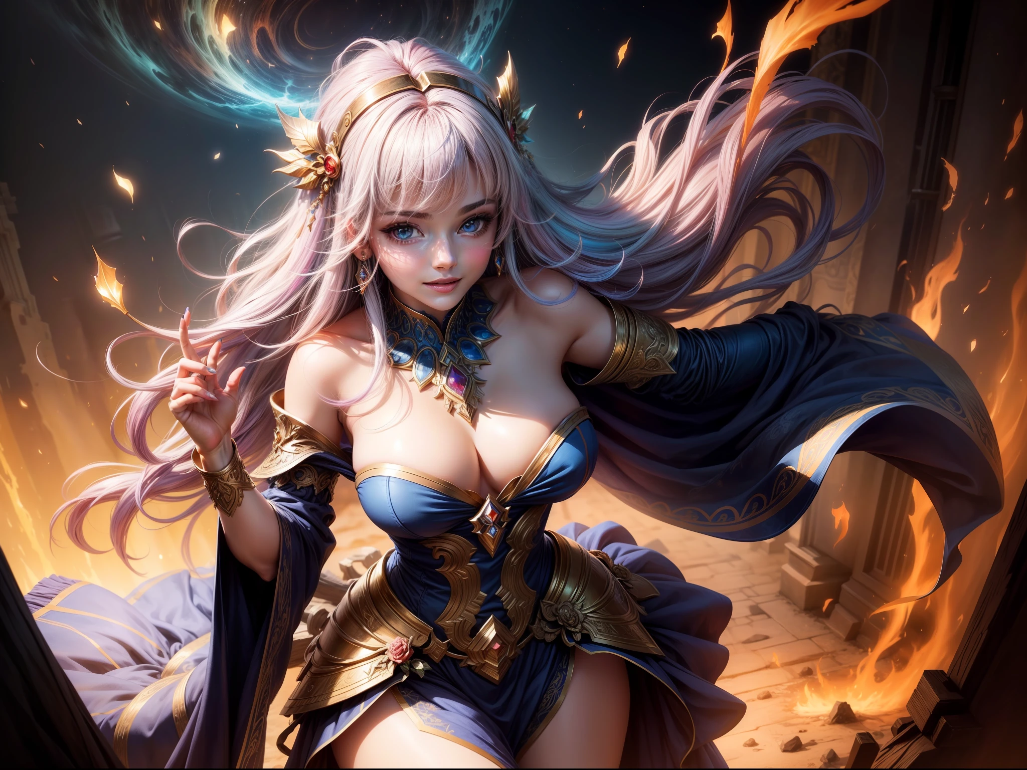 (Masterpiece: 1.4), (Best Quality: 1.4), A captivating girl of divine power fell into the mortal realm, with her charming smile give breath to its surrounding an unrealistic sense of peace and made everything more vibrant, the world loses its beauty when compared to her beauty, the elements bowed to her, and the colors of the world only accentuated her beauty as its shine on its own compared to other. ultra realistic. multicolored Hair