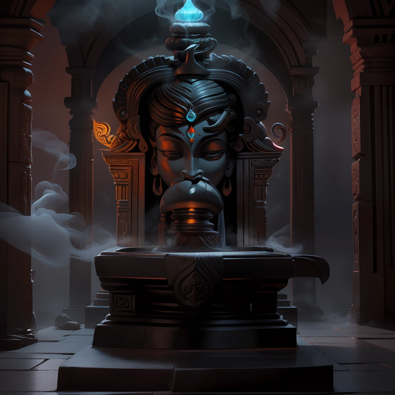 Hindu god shivling, Indian temple, black stone , foggy, lights smoke