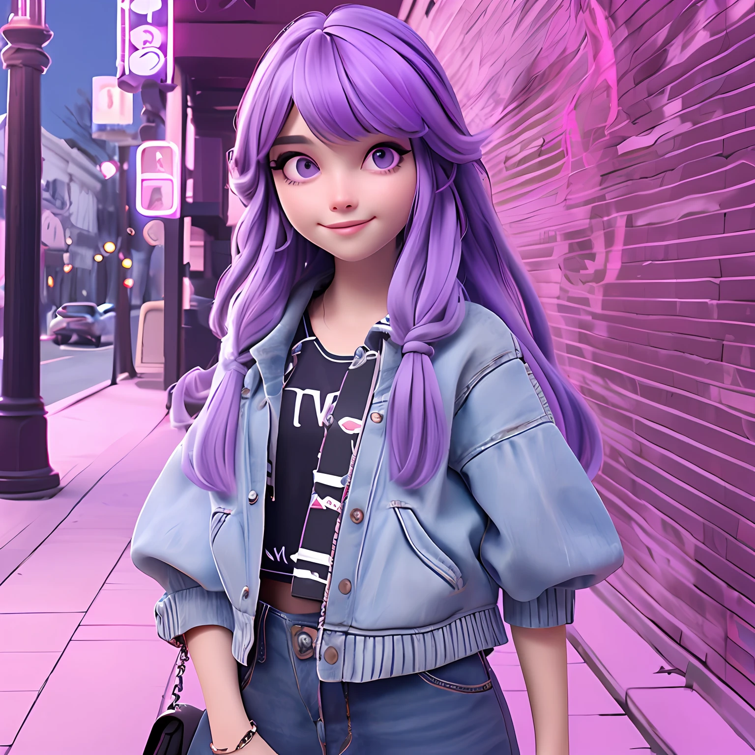 uma menina jovem, Seu cabelo esta solto, com rendas delicadas, purple lilac tone with dark grey light dread's locks, roupas leves, mochila, fone de ouvido, dread's roxo escuro, corpo inteiro, The background is filled with a pastel shade, evoking a sense of lightness and happiness.