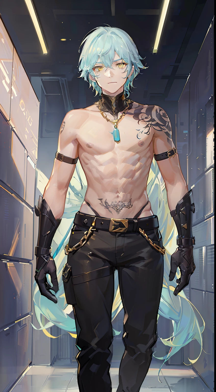 Tall guy, short white hair, Yellow eyes, Mask on the eyes, turquoise body armor, Sleeveless, Gold Chains, tattoos on arms, Black pants, ciberpunk, hiquality