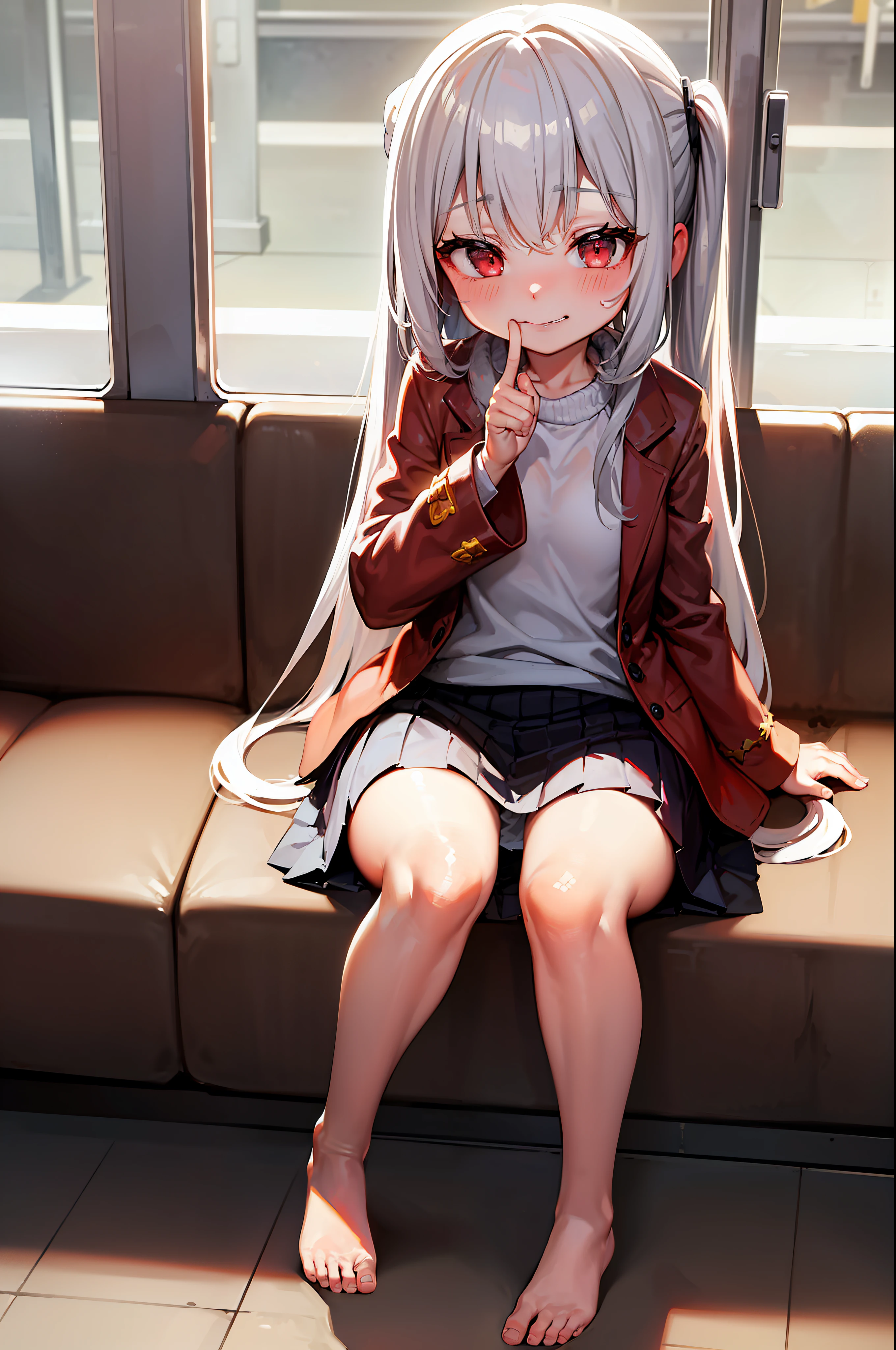 Masterpiece, Best quality,((Skirt lift, )), Carmelto,(:1.9) ++++++++++🤫++++++++++,((Close one eye)), Cute lolih a playful expression, Close one eye,Place your index finger in front of your mouth, As if asking for silence or signaling a secret.,Playful expression, Crowded passengers in the subway, Inside the subway, Sitting,Evil smile, hiny skin, Sweat, Wet, Blush, starclara, Red eyes, Long hair, White hair, Barefoot,Sweater, Red coat,