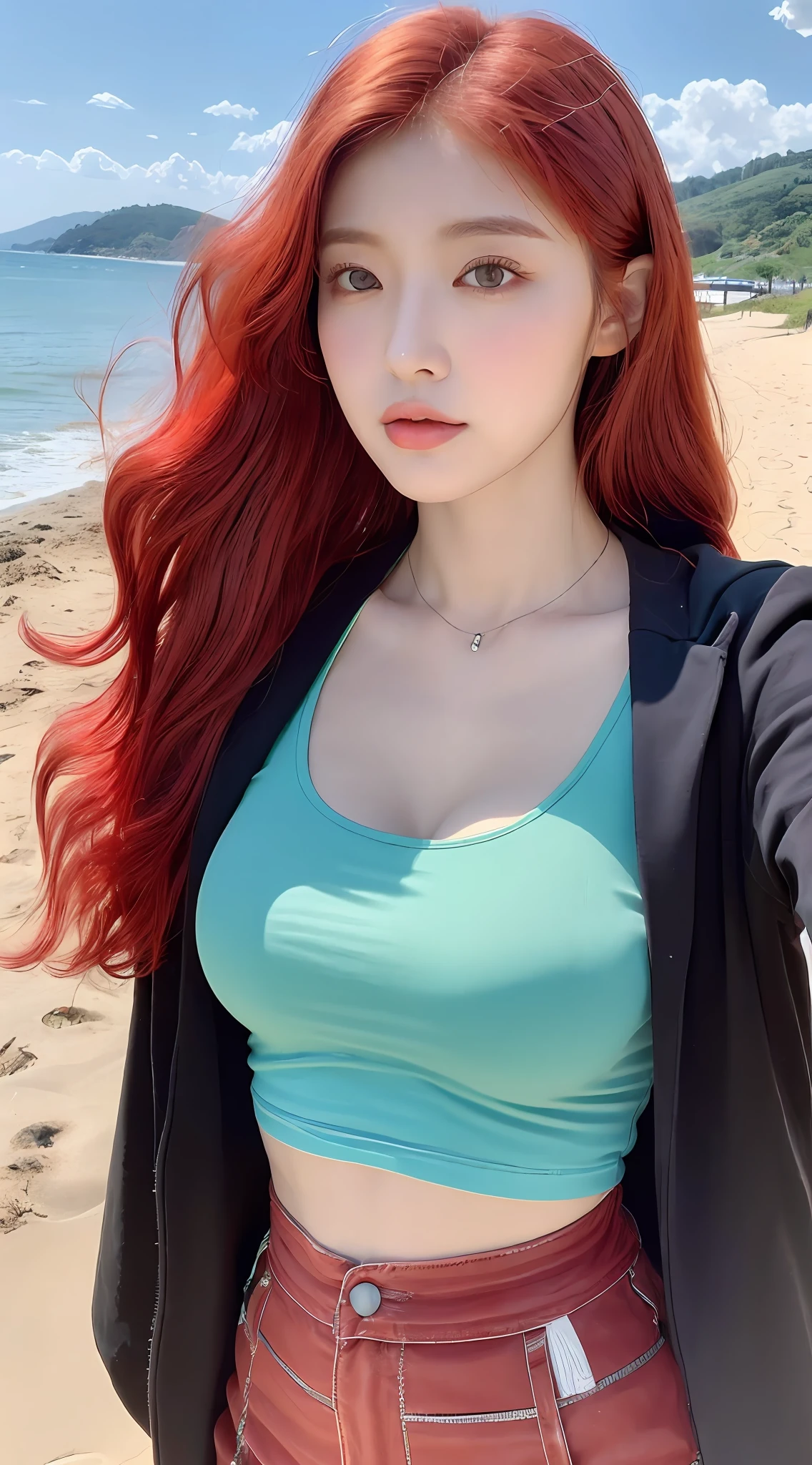 ((Realistic lighting, best qualtiy, 8K, tmasterpiece:1.3)), sharp fokus:1.2, 1girll, Beautiful Women with Perfect Figure:1.4, Slim abs:1.1, ((Red hair, Brustwarzen:1.3)),Cowgirl posture,(exteriors,In the daytime:1.1),Beach by the sea,Ultra-fine face,Fine eyes,二重まぶた,curlies,with fair skin,mideum breasts,Random color clothes