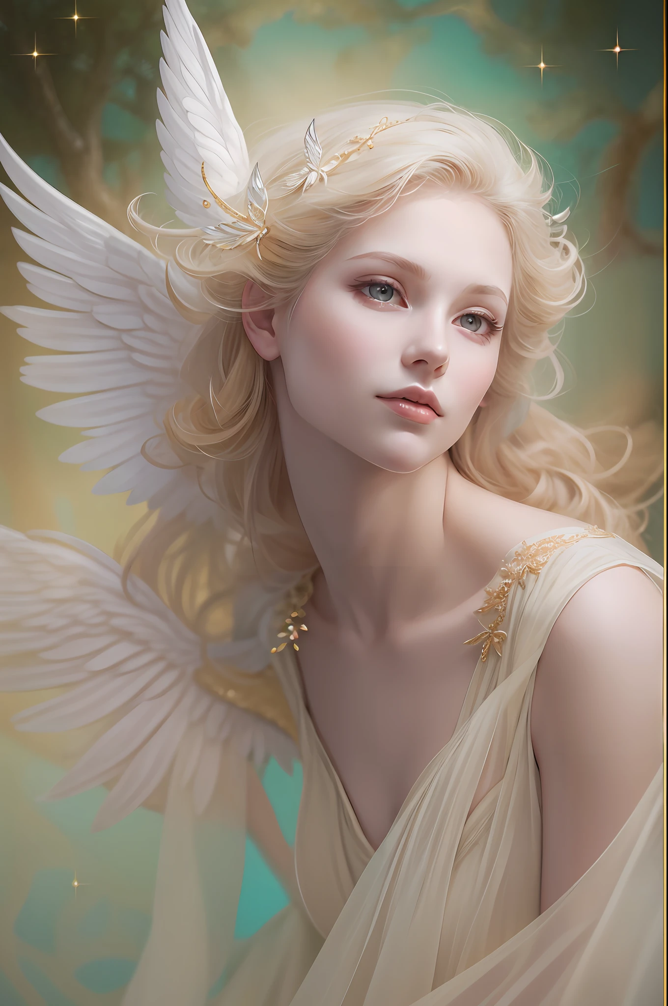 An angel is depicted with a pale and luminous complexion, their skin seemingly glowing with an otherworldly radiance. They are adorned with a pair of sparkling and graceful wings, symbolizing their divine nature. The scene is ethereal and enchanting, capturing the beauty and mystery of these celestial beings. angel, pale, luminous, complexion, glowing, otherworldly, radiance, sparkling, graceful, wings, divine, ethereal, enchanting, beauty, mystery.upper body,