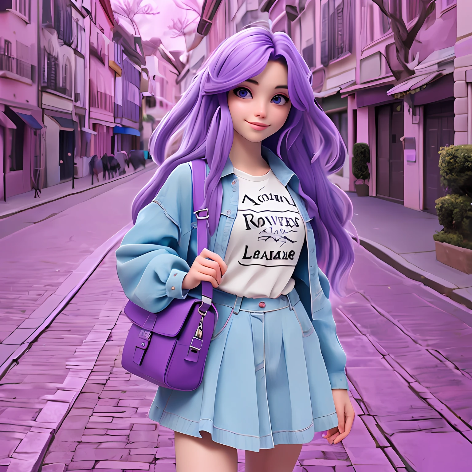 uma  jovem, Seu cabelo esta solto, com rendas delicadas, purple lilac tone with dark grey light dread's locks, roupas leves, mochila, fone de ouvido, dread's roxo escuro, corpo inteiro, The background is filled with a pastel shade, evoking a sense of lightness and happiness.