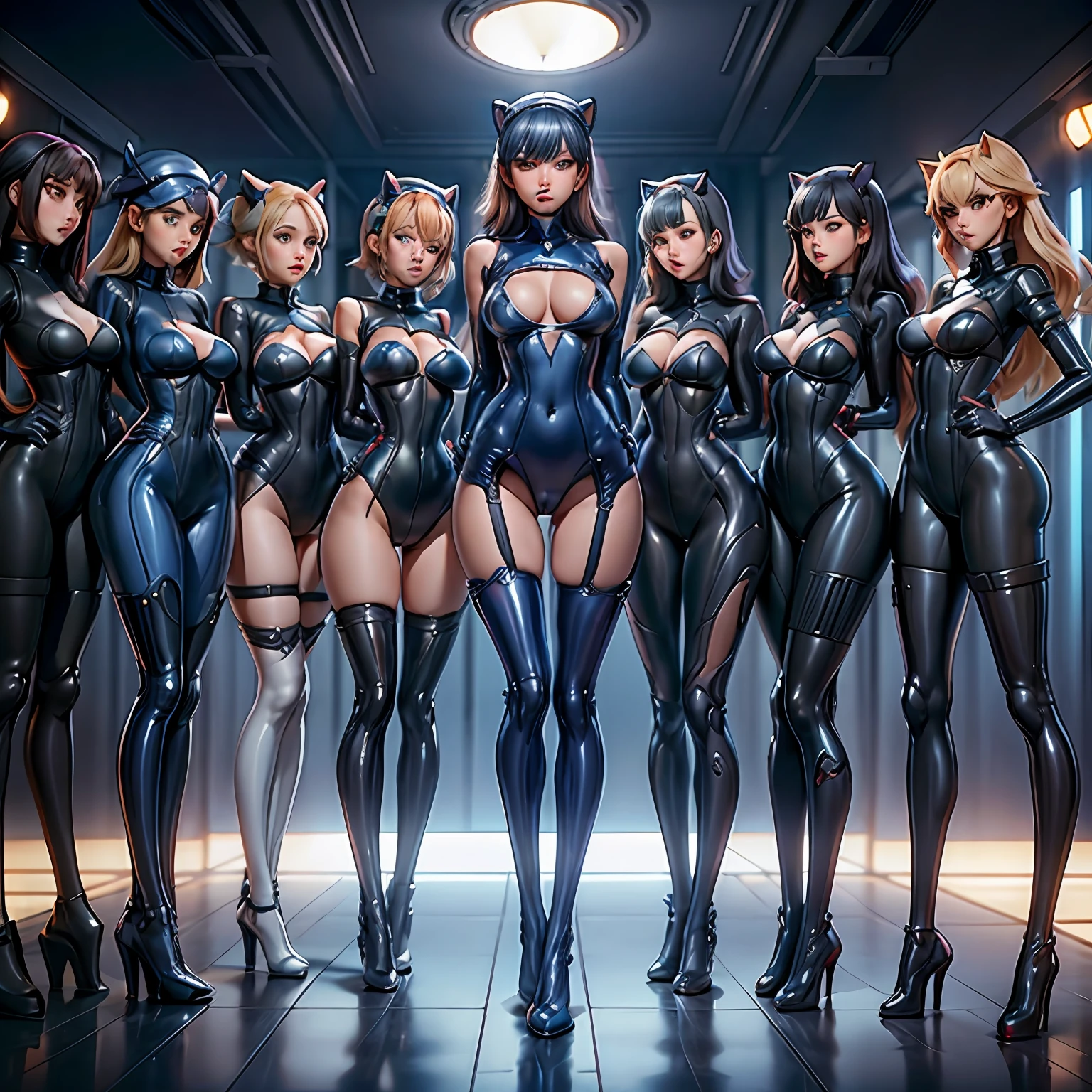 full bodyesbian，Nine women，Stand in a row，One-piece tights，Conjoinment，Blue latex set，Standing on the ground，huge tit，Slim，long leges，Stand up straight，nothing background，Slim，extra long leg，Insert the lower body，Exhibited，Mannequin，