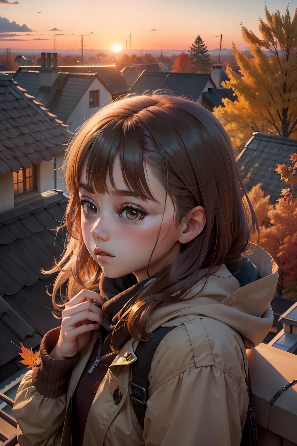 a girl looks at the sunset sky from a roof, autumn, fall colors, leaves, trees