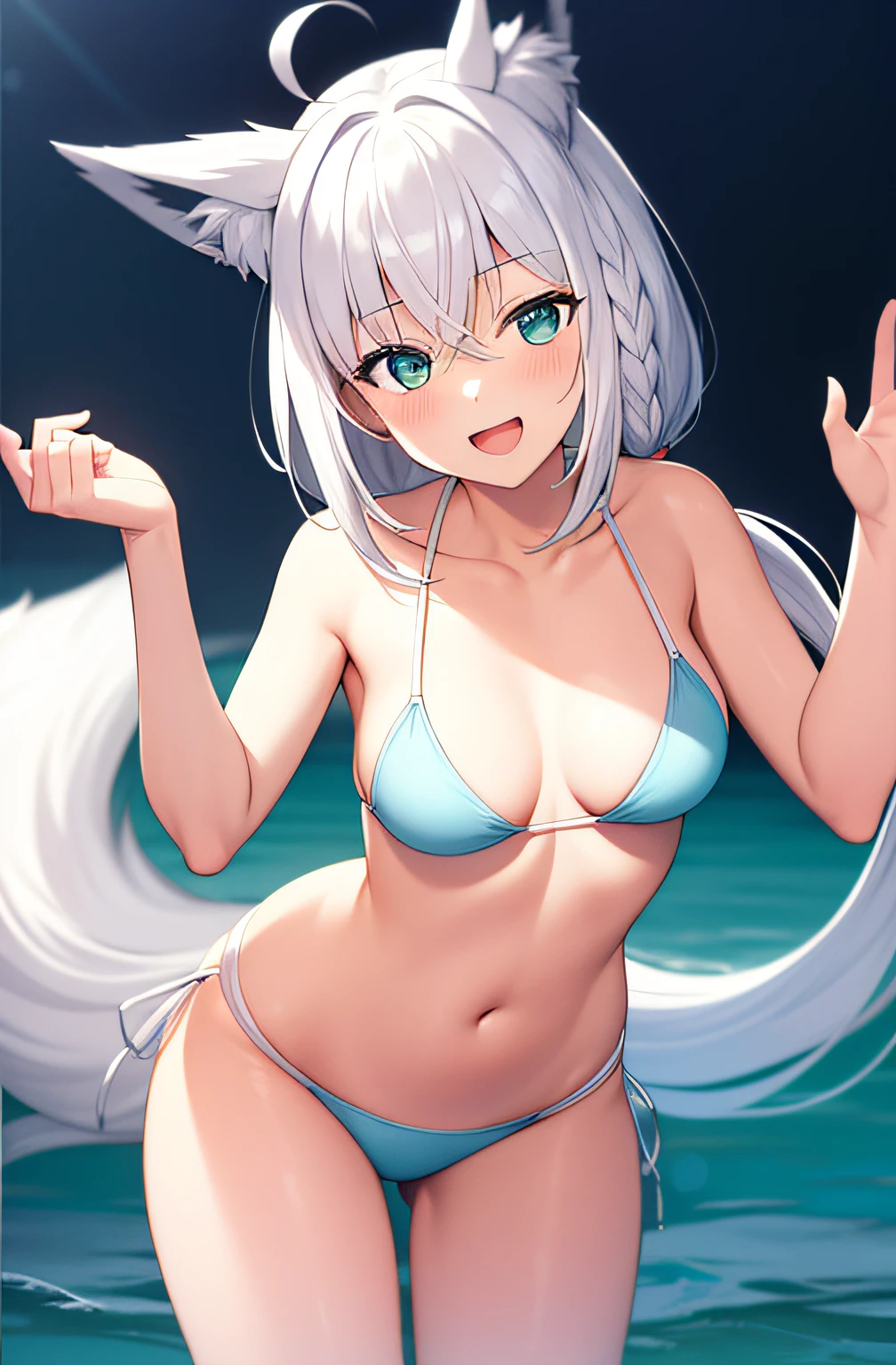 2D,​masterpiece, top-quality,superfine illustration, 1girl in,cowboy  shot, Looking at Viewer, Bangs, hair between eye, Standing, Side braid,white  hair,Dynamic Angle,Smile,Light blue bikini,ocean,Small breasts,Open mouth,Straight ponytail,Fox tail