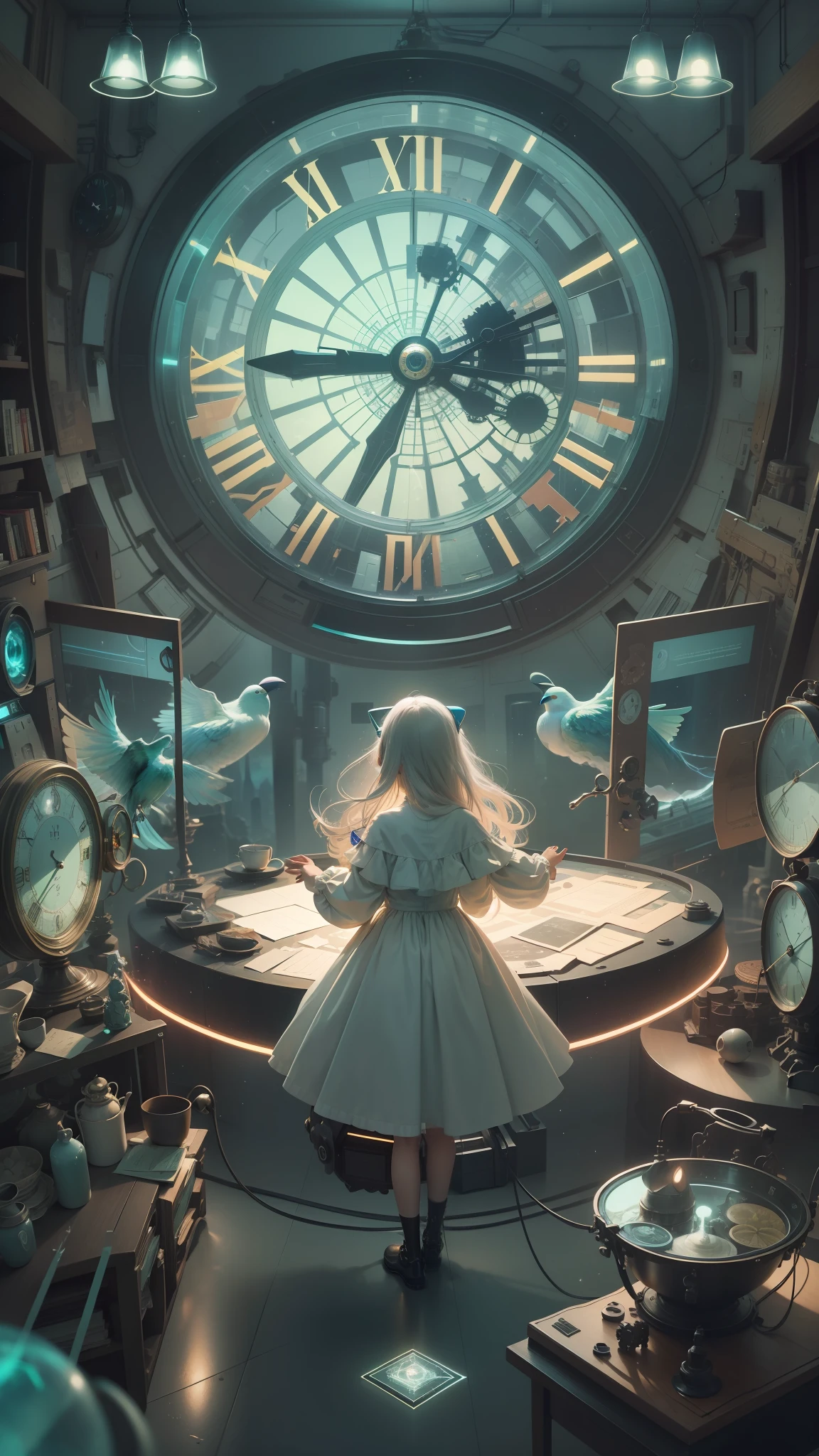 Picture quality:High detail masterpiece 8K high resolution body content:1 girl 8 year old doll girl,wide wide shot,in a panoramic view,Wear a loli suit,Moe doll assures,Suspicious Expression Background:Classical clock environment:Mysterious shimmer,It has a magical touch atmosphere,Hopeful,Endless coercion,A sense of mystery, lamplight:Technical beams,Magic beam,The fantasy of the futuristic world is intertwined with reality color:Infused with ethereal hues and spooky shades,blue green,High purity color, composition:Wide angle composition,Spell composition,The character is in the center,Bird's eye view style reference:afofuturism,Dynamic complexity,sci-fy