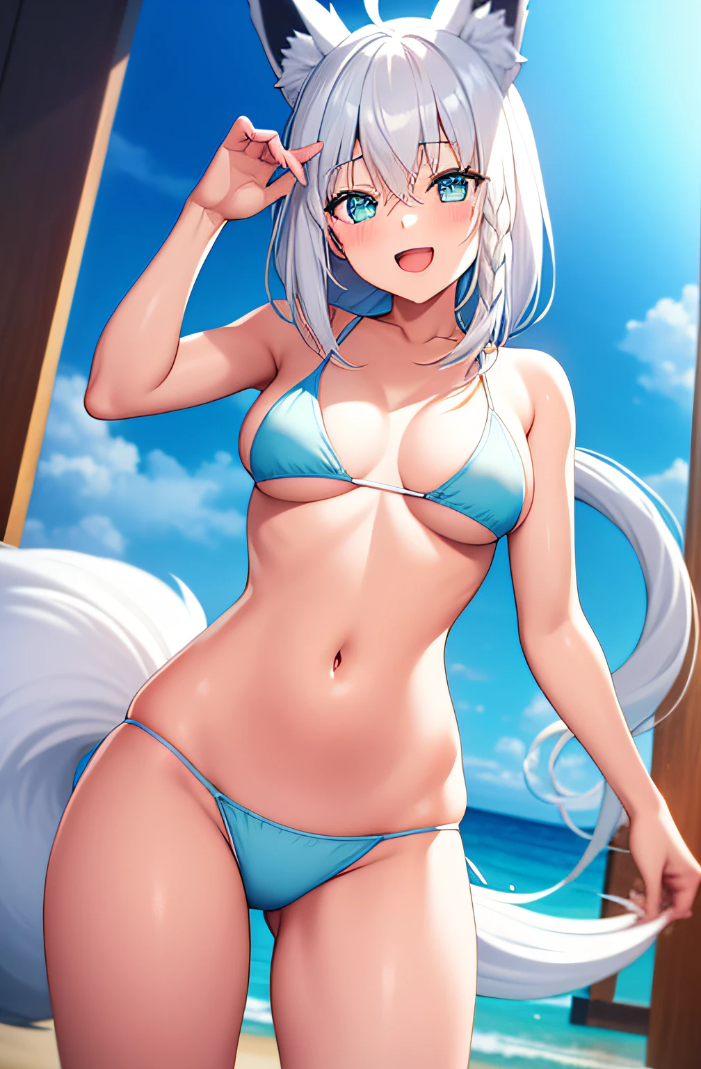 2D,​masterpiece, top-quality,superfine illustration, 1girl in,cowboy  shot, Looking at Viewer, Bangs, hair between eye, Standing, Side braid,white  hair,Dynamic Angle,Smile,Light blue bikini,ocean,Small breasts,Open mouth,Straight ponytail,Fox tail