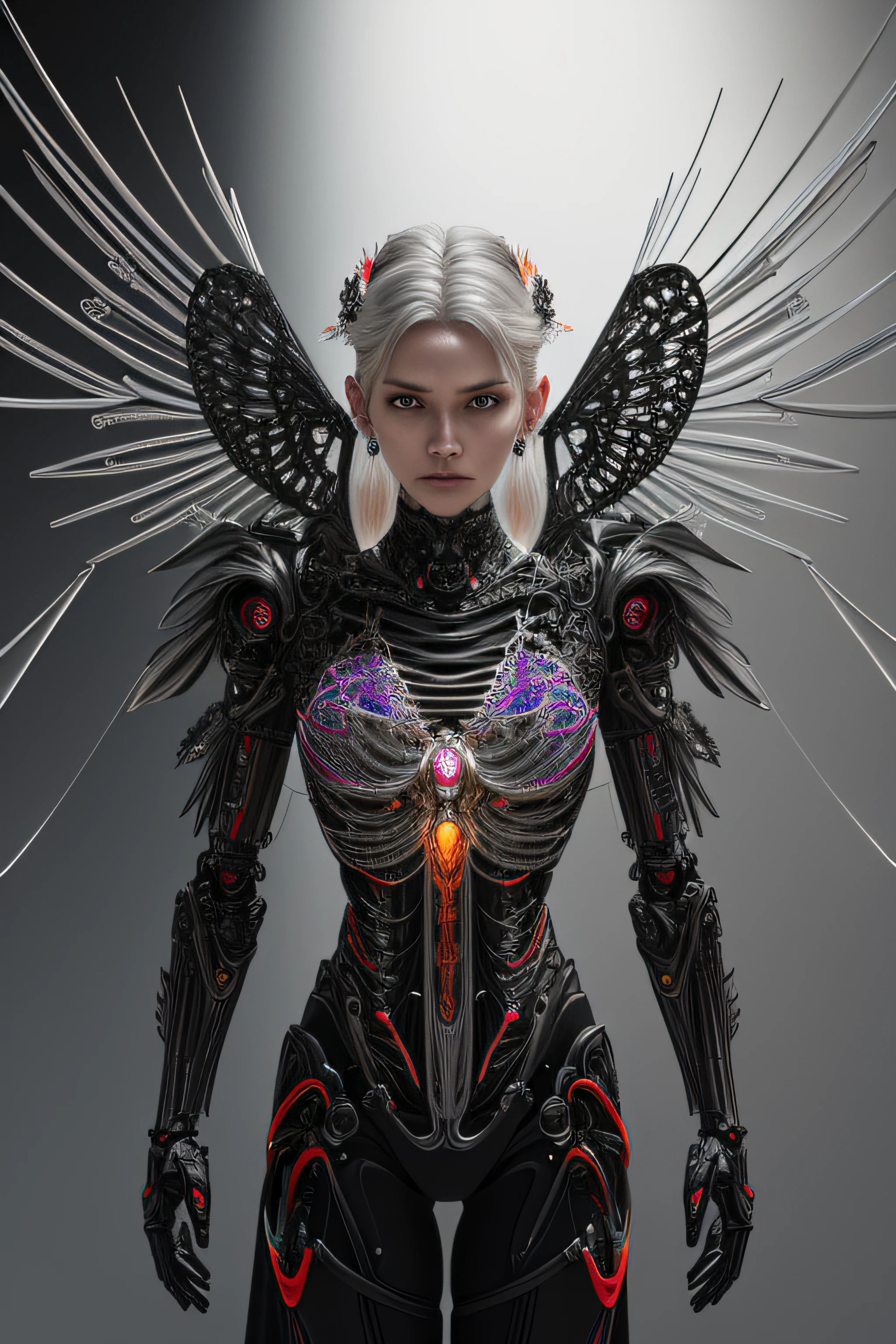 Complex 3d rendering ultra-detailed beautiful angel of death, biomechanical robot, simulated 150mm shot, beautiful natural soft edge light, crystal feathers, roots, delicate leaf lace, colorful details, Boris Bidjan Saberi clothing, pearl earrings, piercings, Art Nouveau fashion embroidery, intricate details, mesh threads, mandelbro fractals, facial muscles, cable wires, microchips, badasses, surreal, ultra-detailed, octane rendering, volumetric lighting, 8k post-production, Red and white with a touch of black, metallic skeleton details, half-human, rainbow colors, Glenn Brown style, futuristic room, power of God, high angle shooting, complex body poses