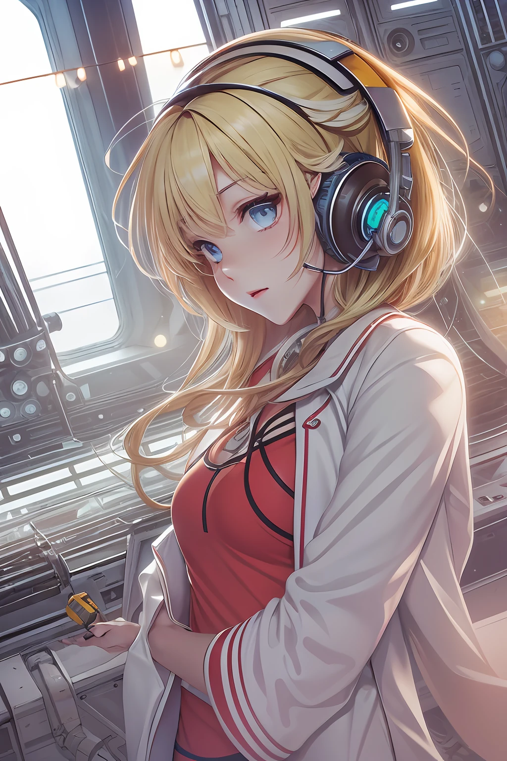 (Top view), Dynamic angle, Ultra detailed, Illustration, Close up, Straight Straight, 1 Girl,
 ((souryuu Asuka Lanley, interface headphones, red tights: 1.4, blonde)), her eyes shine like dreamy stars, (glowing eyes: 1.233), (beautiful and delicate eyes: 1.1), (expressionless, mouth closed), (standing),
(mechanical room with tools and spaceship windows in the white spaceship),
(night: 1.2), dreamy, [[slender fingers and hands: 0.55]::0.85], (detail fingers),