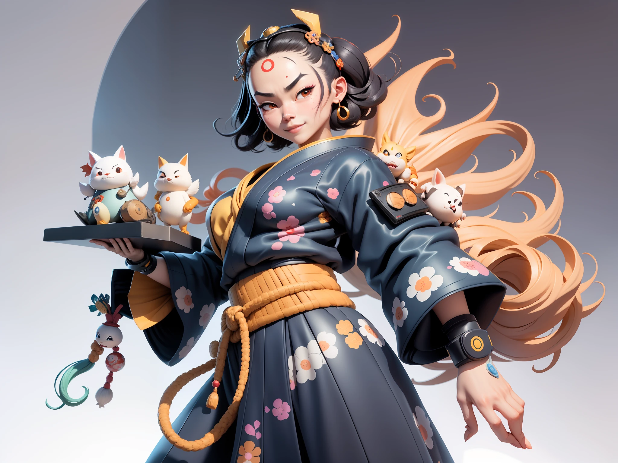 (Daisaku),(Need),(Super meticulous),(full bodyesbian:1.2),Japanese ukiyo-e girl,japanese geisha,Beautiful,Oriental dragon,Aeolian Thor,Raised sexy,爆乳,Oriental face,TV Anchor,Bust portrait illustration,Alone,In black suit,a blue tie,The face is slightly chubby,The face was clean,without a beard,Black super short hair,Black eyes,Smile confidently,3C computer sub-products,iPad, iphone,Digital painting,3D character design by Mark Clairen and Pixar and Hayao Miyazaki and Akira Toriyama,The illustration is a high-definition illustration in 4K resolution,With very detailed facial features and cartoon-style visuals。