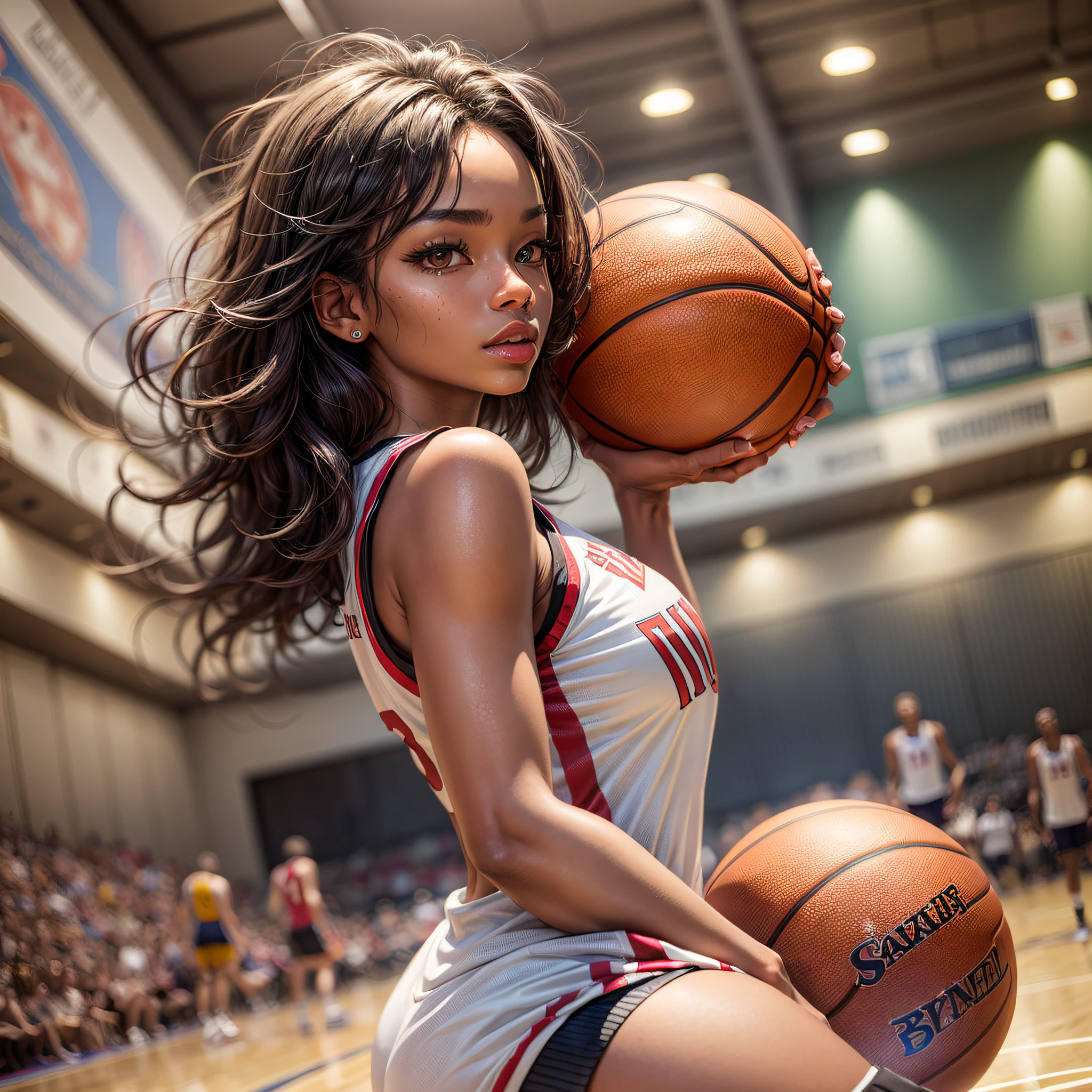 (Masterpiece:1.4),(Best Quality:1.4), ((full body)) photo of a young woman in a basketball jersey, ((dark skin)), big breasts, hair between her eyes, long hair with highlights red, oval face, double eyelids, parted lips, very light brown eyes, solo, sexy (bright skin: 0.8 ), Natural, bright red lips, shapely and detailed thighs, low angle, (from lower angle), highly detailed skin , skin pore skin, (sfw) making a play with the ball on the basketball court.
