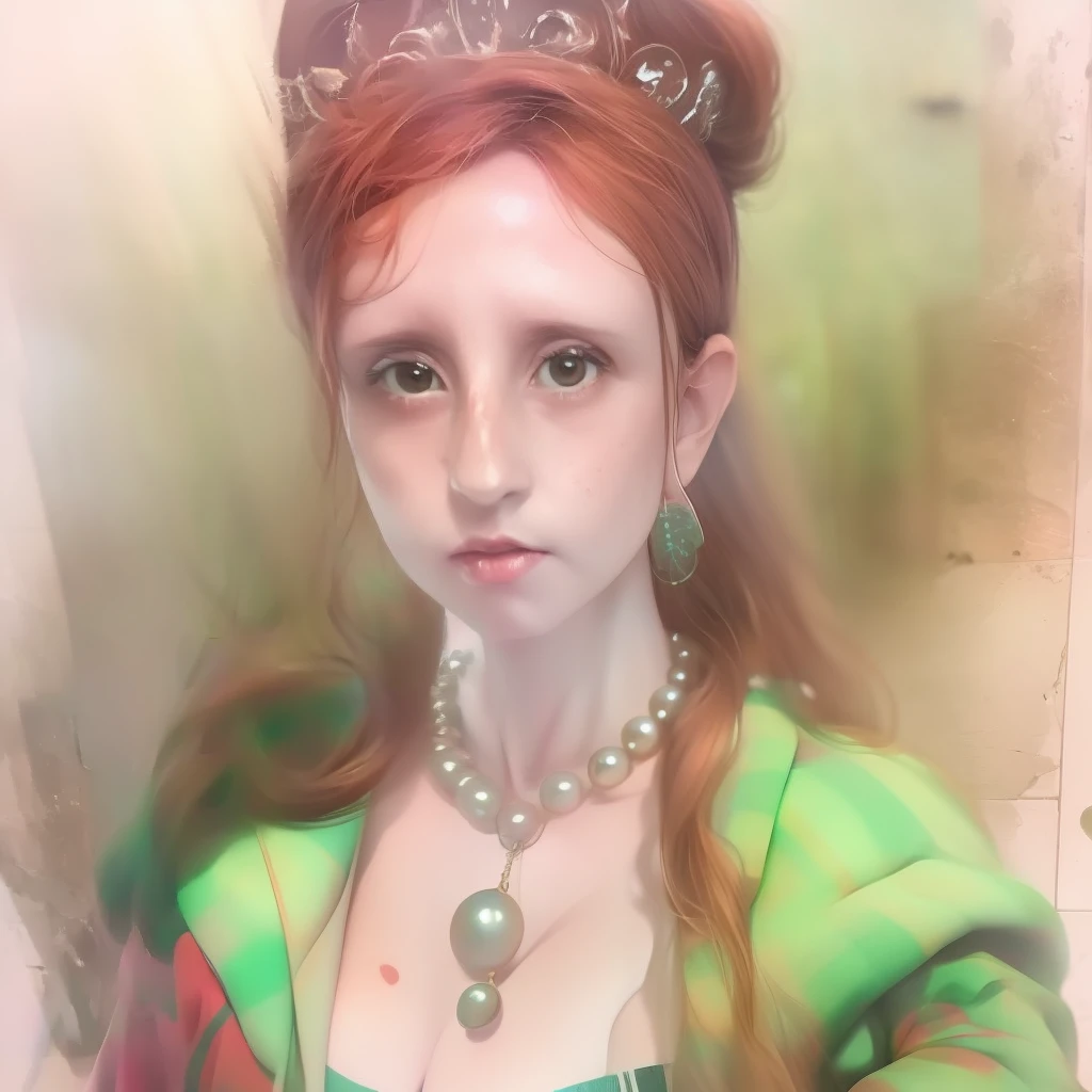 A watercolor and pencil drawing of a 32-year-old princess with wavy dark red hair, delicate lips, olhos cor de mel, golden crown on head,pearls necklace, Frown lines on the face, rosto bonito,rosto sexy, poros na pele, rosto detalhado, vestido verde, corpo magro em forma, cores frias, (rosto LiliArt)