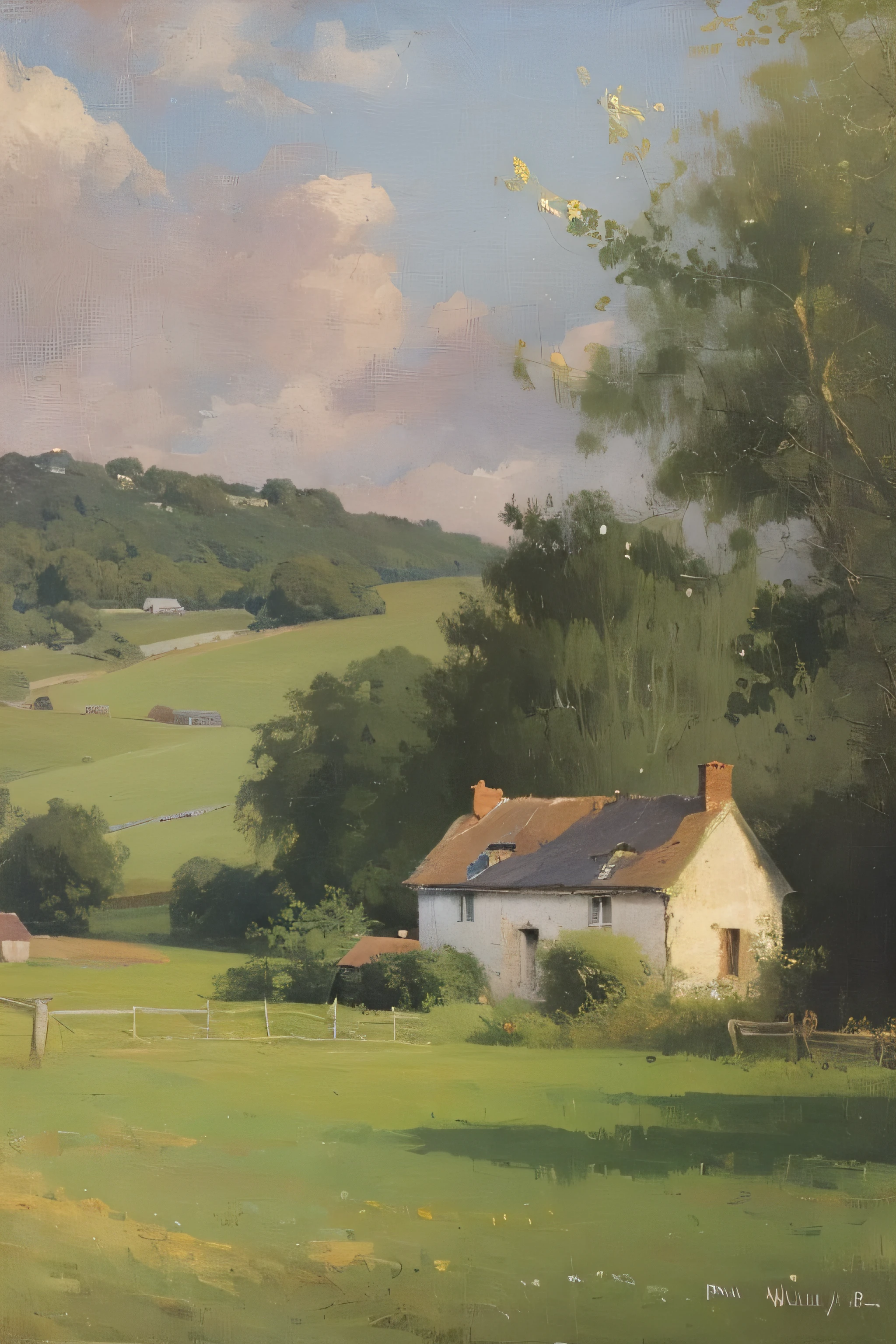 painting of a farm with a house and a field in the background, by William Didier-Pouget, by Geoffrey Dyer, by Leon Chwistek, late afternoon lighting, by Roy Petley, by David Ramsay Hay, mid morning lighting, silvain sarrailh, by Karl Kopinski, by Franz Hegi, by Konrad Grob