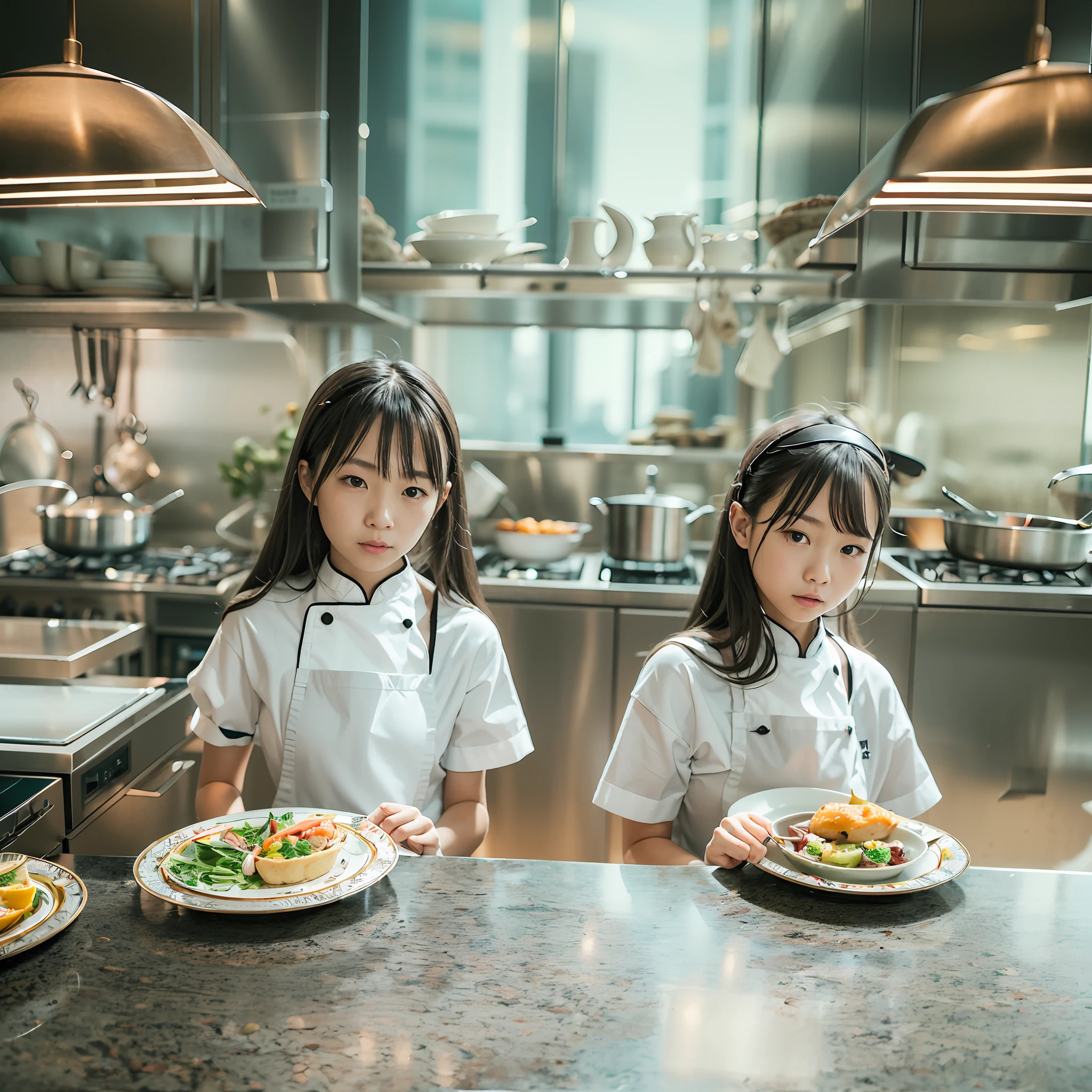 Located on the 180th floor of Shanghai Tower,Five delicate cute little girls with upturned asses,junior school student,Cook in an upscale open kitchen