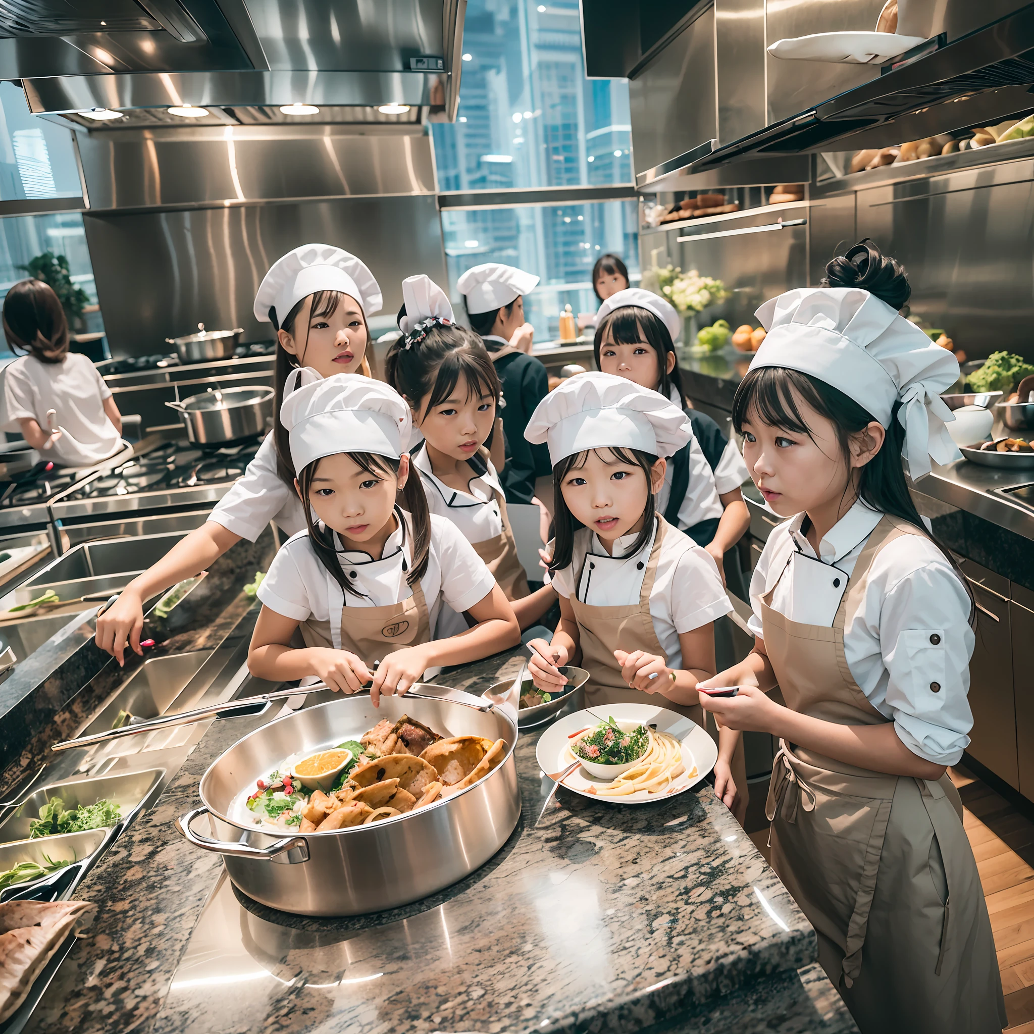 Located on the 180th floor of Shanghai Tower,Five delicate cute little girls with upturned asses,junior school student,Cook in an upscale open kitchen