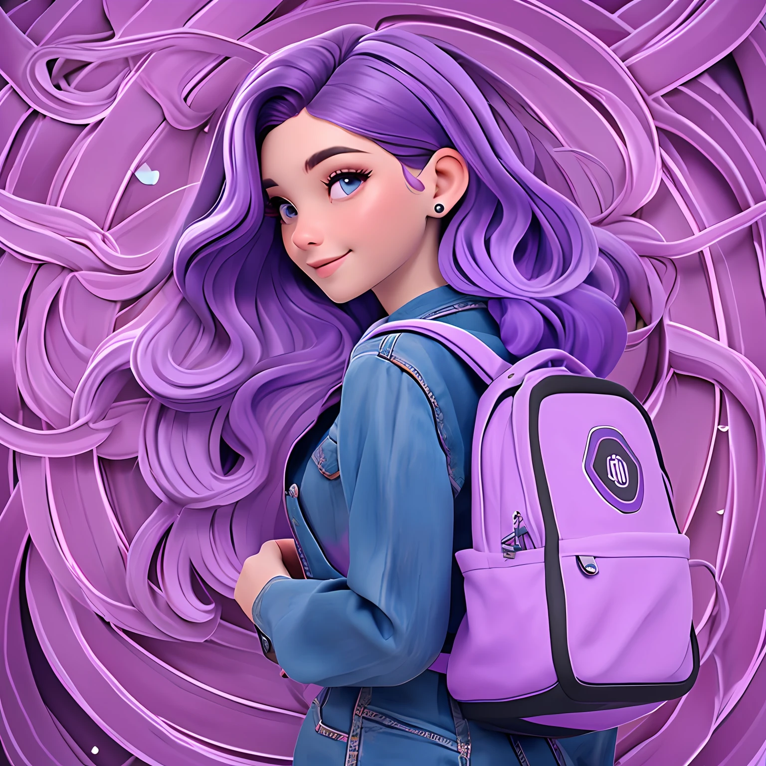 uma menina jovem, Seu cabelo esta solto, com rendas delicadas, purple lilac tone with gray and light black locks, roupas leves, mochila, fone de ouvido, dread's roxo escuro, corpo inteiro, The background is filled with a pastel shade, evoking a sense of lightness and happiness.