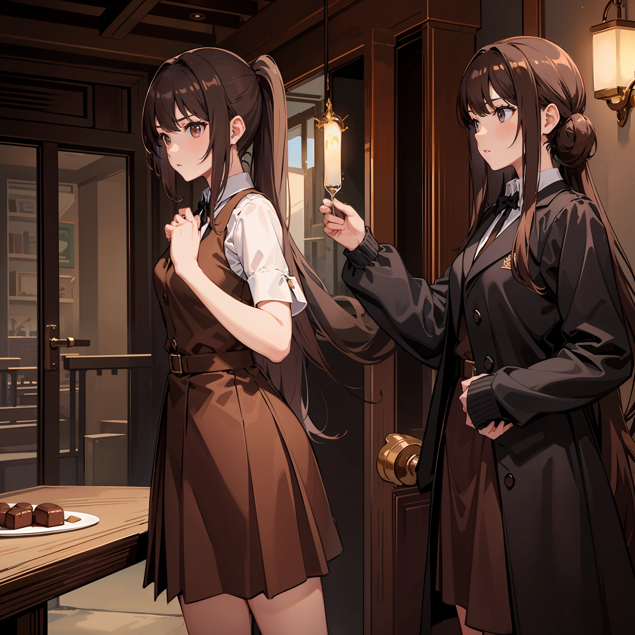 Masterpiece, Best quality, A high resolution, A high school girl wears a long ponytail，Chocolate colored hair，Wearing a black vest，Brown coat，Short brown skirt，Majestic Ling Ling stood confidently on the mountain