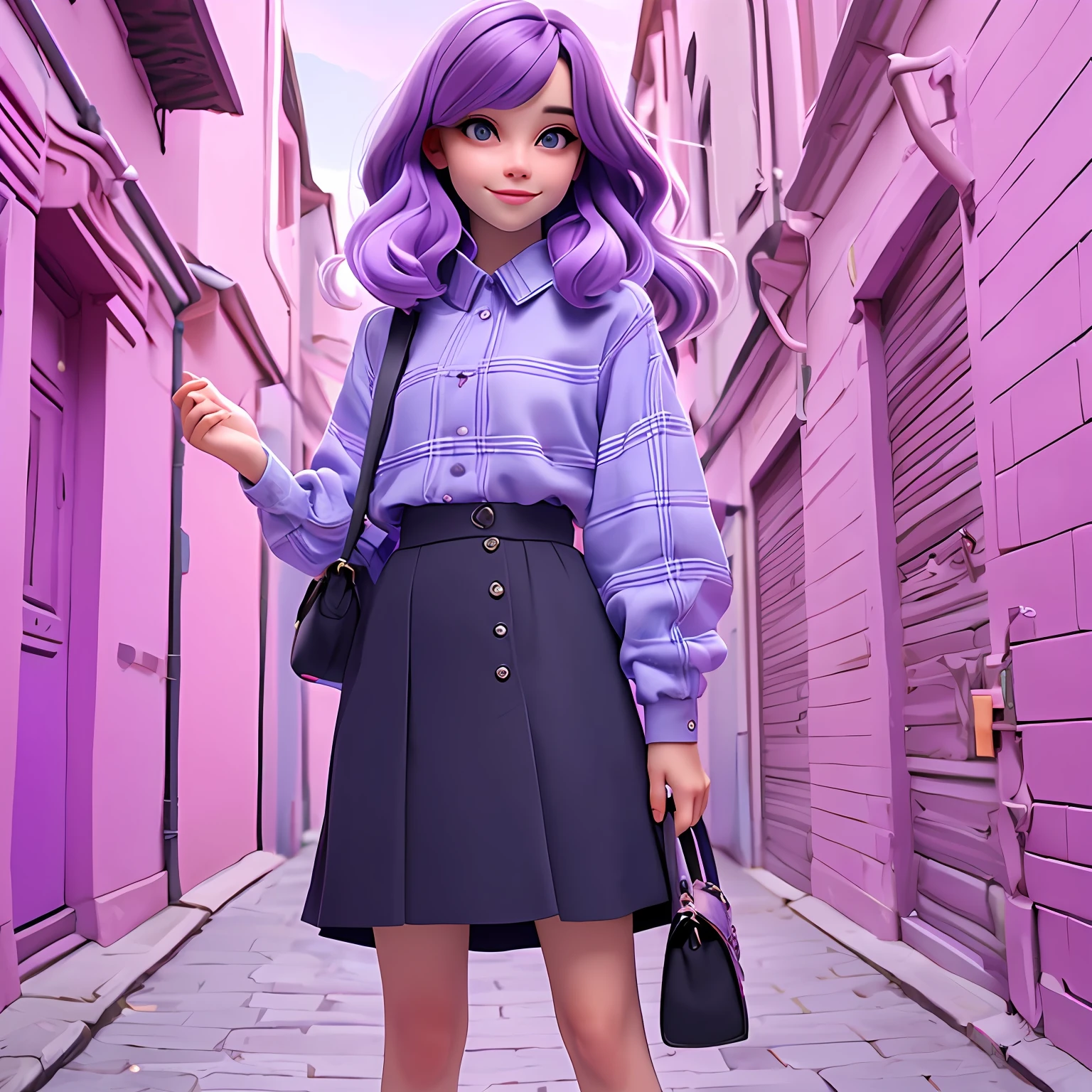 uma menina jovem, Seu cabelo esta solto, com rendas delicadas, purple lilac tone with gray and light black locks, roupas leves, mochila, fone de ouvido, dread's roxo escuro, corpo inteiro, The background is filled with a pastel shade, evoking a sense of lightness and happiness.