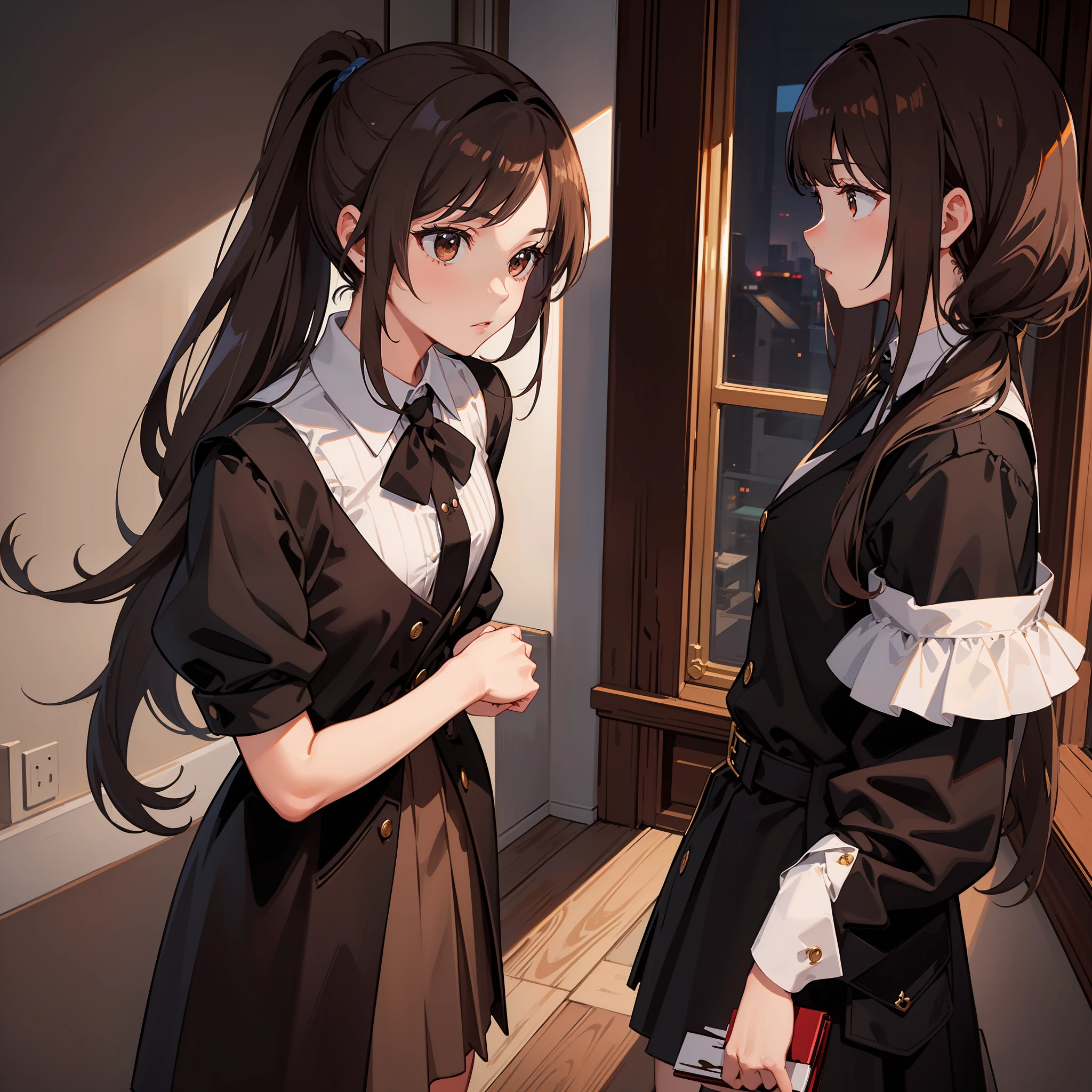 Masterpiece, Best quality, A high resolution, A high school girl wears a long ponytail，Chocolate colored hair，Wearing a black vest，Brown coat，Short brown skirt，Majestic Ling Ling stood confidently on the mountain