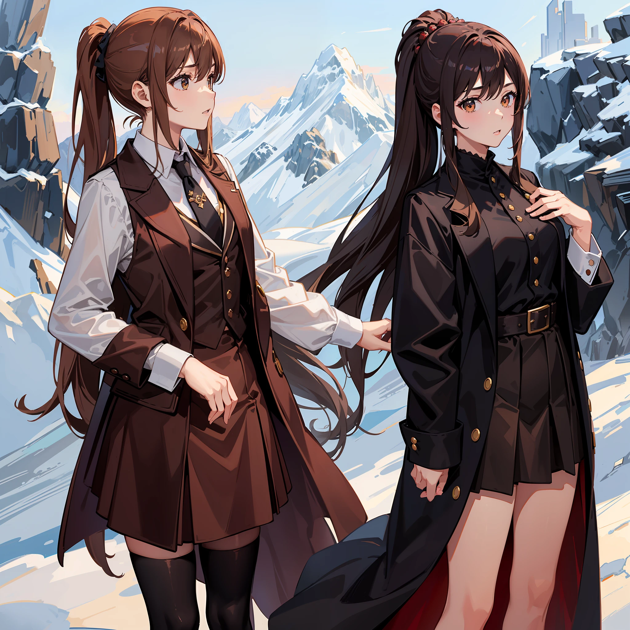 Masterpiece, Best quality, A high resolution, A high school girl wears a long ponytail,Chocolate colored hair,Wearing a black vest,Brown coat,Short brown skirt,Majestic Ling Ling stood confidently on the mountain