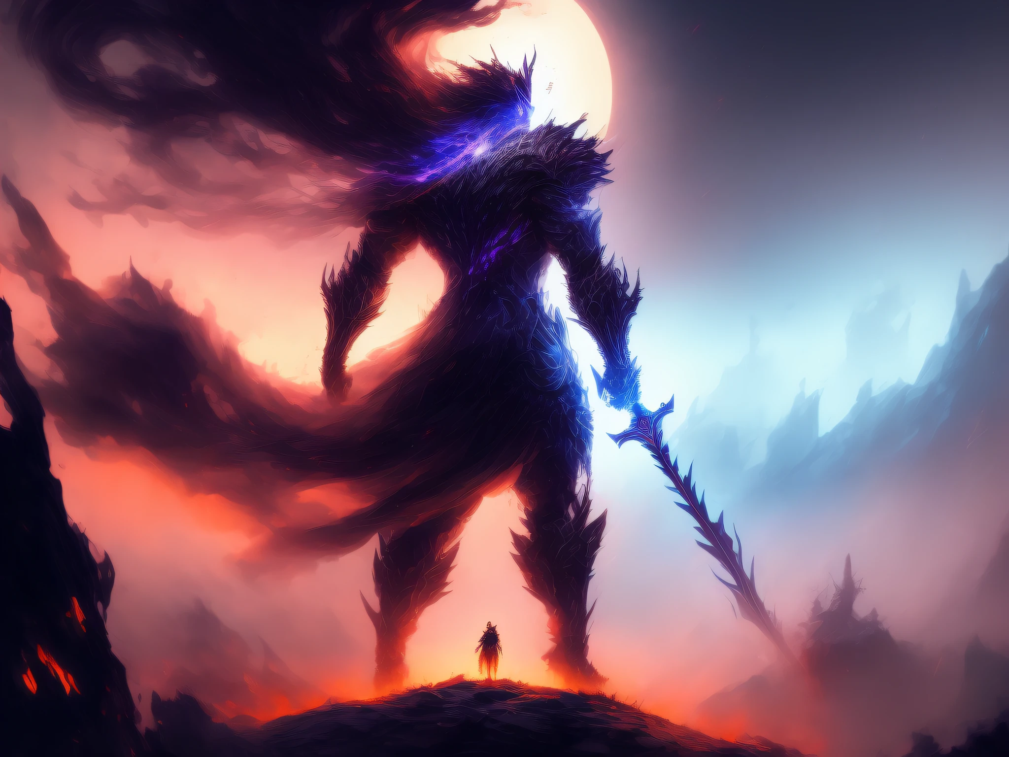 a person set ablaze by their strength standing in front of the moon, glaring into the camera, holding 2 swords outwards, standing on a hill, game design beautiful, unreal engine 5, digital artwork, master piece, 4K, ultra detailed, illuminated style, minimalist,