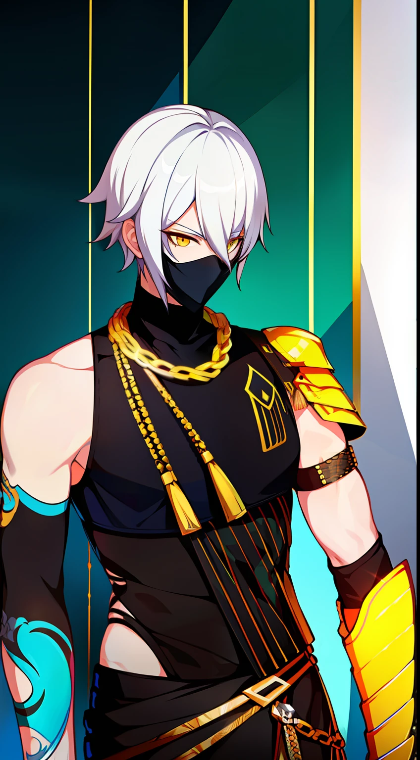 Tall guy, short white hair, Yellow eyes, Mask on the eyes, turquoise body armor, Sleeveless, Gold Chains, tattoos on arms, Black pants, ciberpunk, hiquality