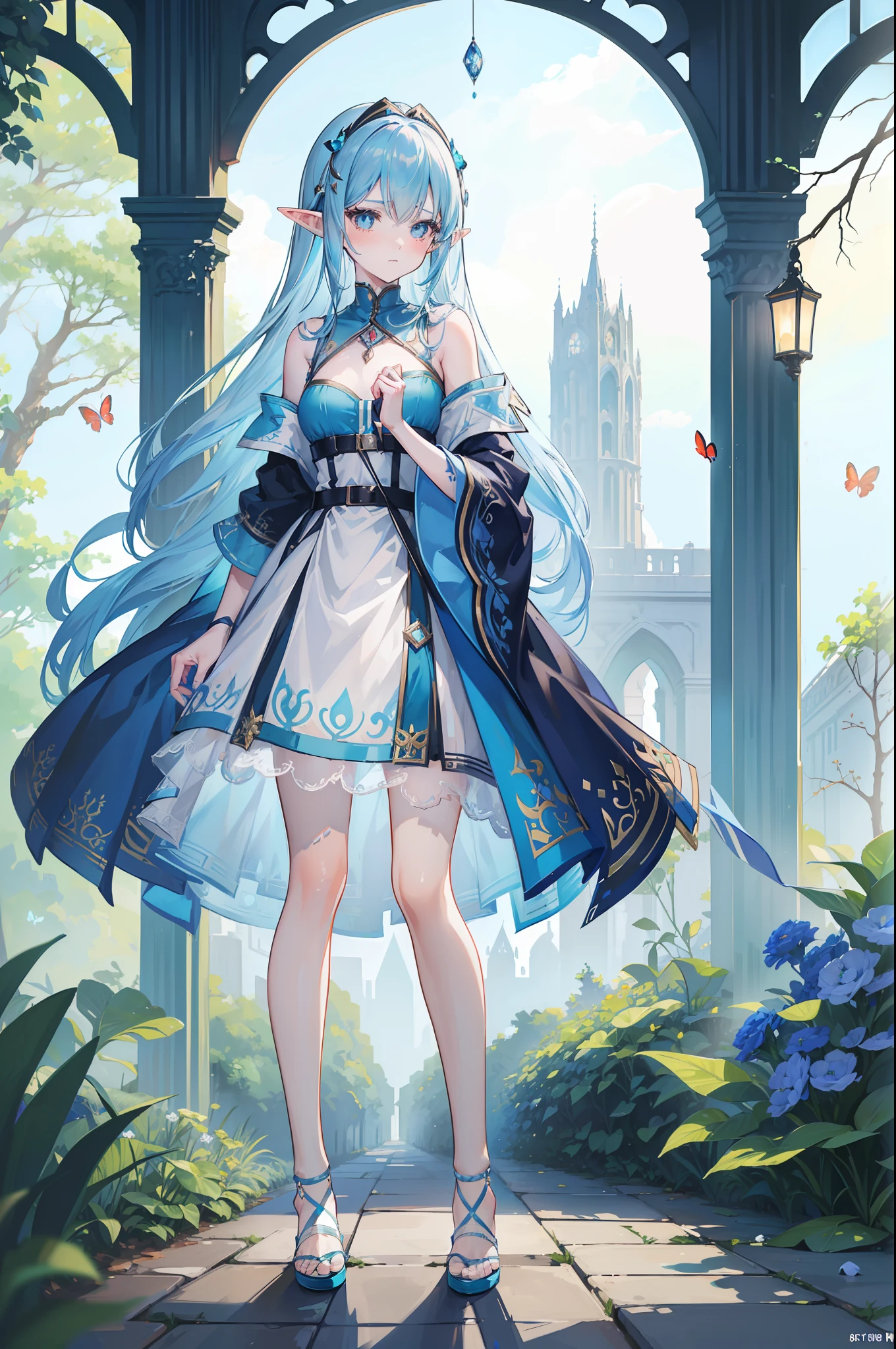 woman with blue hair, ((elf ears)), slight smile, slight blush, long hair, ((extremely detailed face and clothing)) ((full body)), ((looking into camera)), (realistic camera angle), fantasy, in nature, wearing small dress, (butterlies), (((masterpiece))), (((ultra high quality, 8k)))