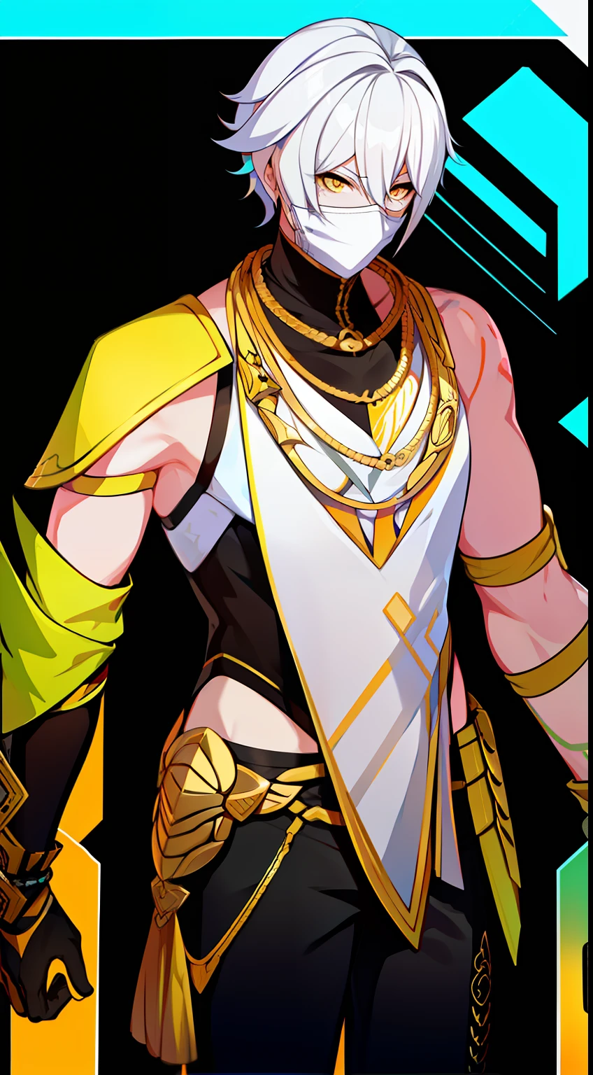 Tall guy, short white hair, Yellow eyes, Mask on the eyes, turquoise body armor, Sleeveless, Gold Chains, tattoos on arms, Black pants, ciberpunk, hiquality