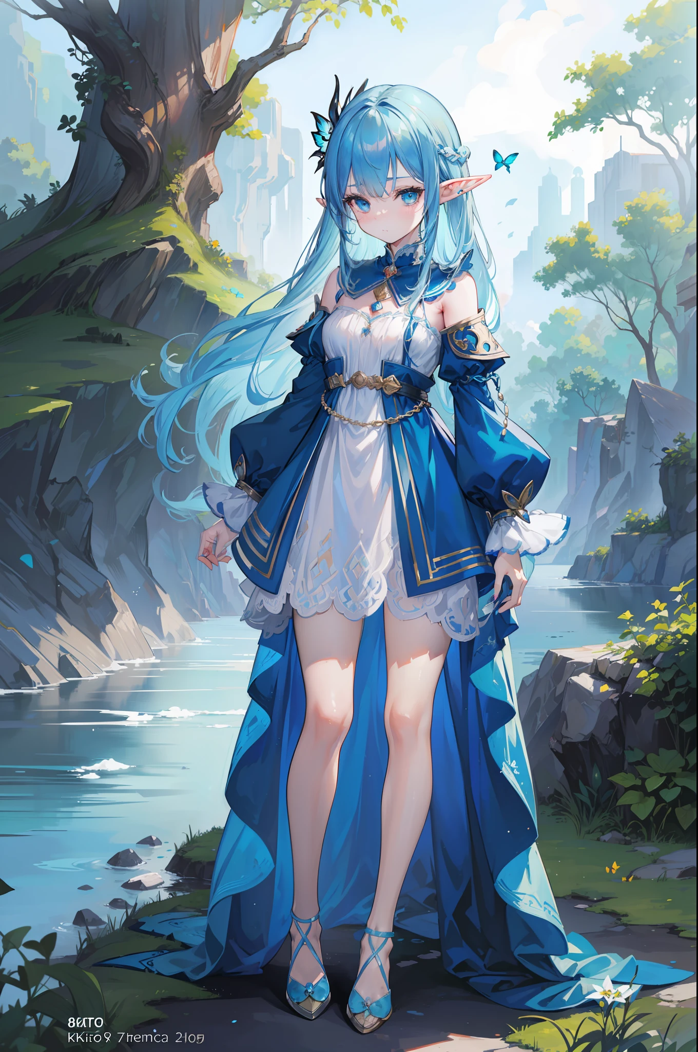 woman with blue hair, ((elf ears)), slight smile, slight blush, long hair, ((extremely detailed face and clothing)) ((full body)), ((looking into camera)), (realistic camera angle), fantasy, in nature, wearing small dress, (butterlies), (((masterpiece))), (((ultra high quality, 8k)))