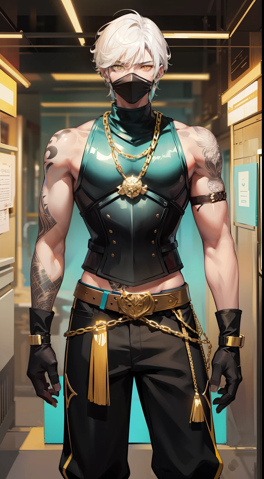Tall guy, short white hair, Yellow eyes, Mask on the eyes, turquoise body armor, Sleeveless, Gold Chains, tattoos on arms, Black pants, ciberpunk, hiquality