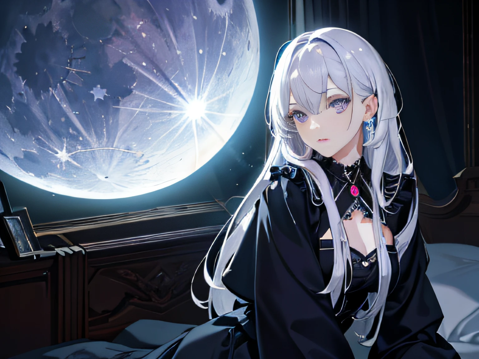 A high resolution, HighestQuali, illustration, Cinematic light, Ultra detailed, Detailed face, (Detailed eyes), Best quality, ultra - detailed, Masterpiece, (Detailed face),1girll, Girl, White hair, Purple eyes, highest details, glowing light eyes, medium breats, sit on a bed, Sitting, Bed, window, Night sky, Lake outside, Moon, full moon, back lit lighting, Light rays, (High contrast), (Colorful),